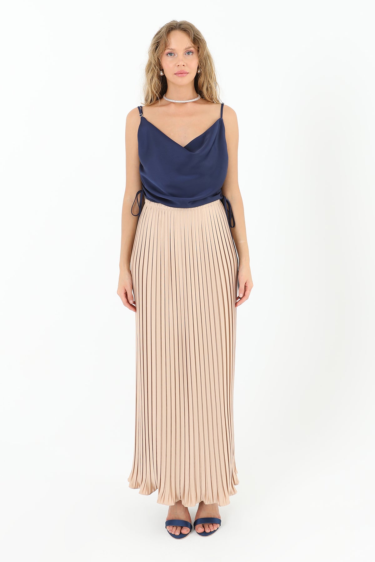 Kadın Pileli Uzun Saten Etek  - 31916ETK