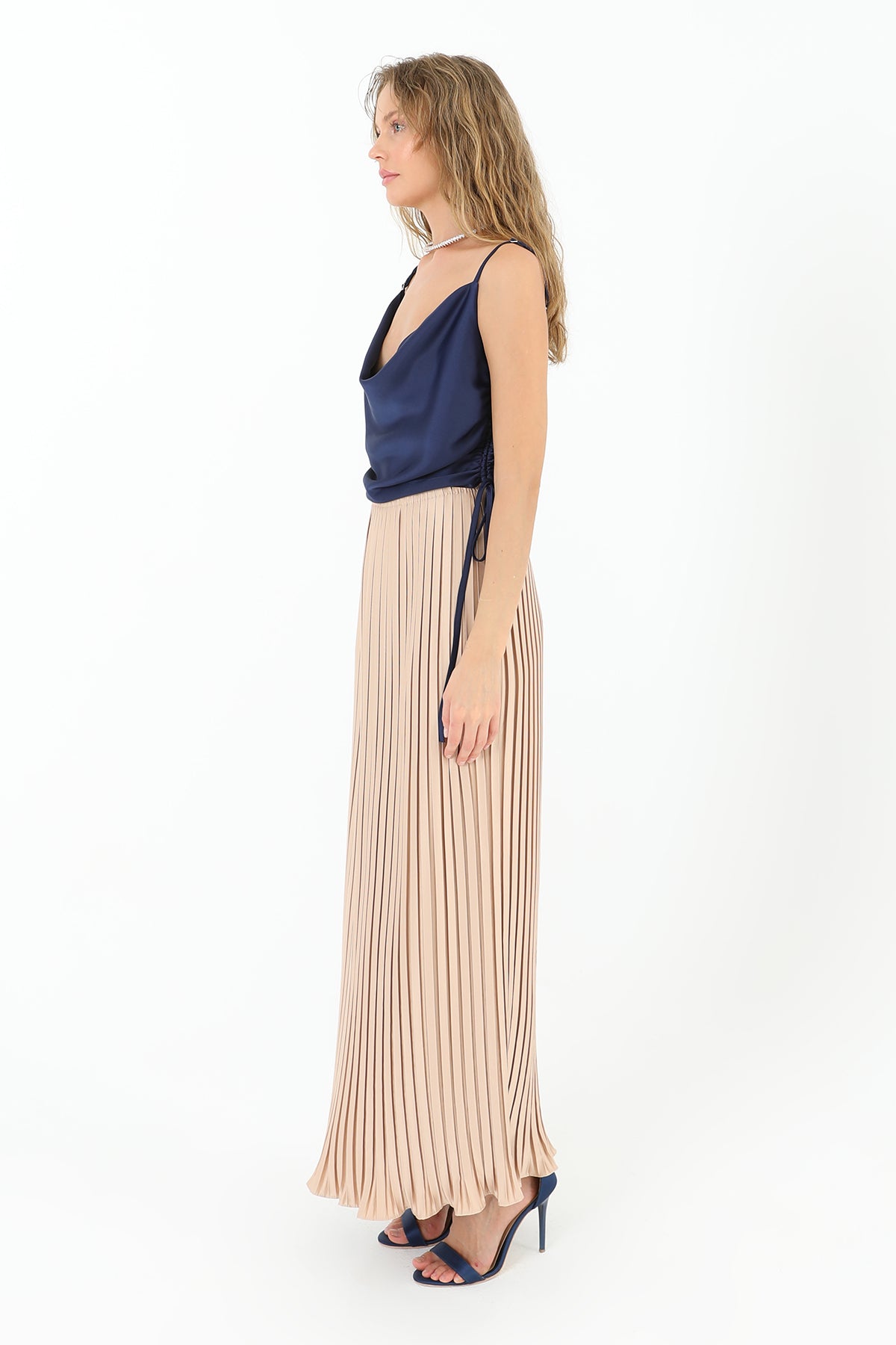 Kadın Pileli Uzun Saten Etek  - 31916ETK