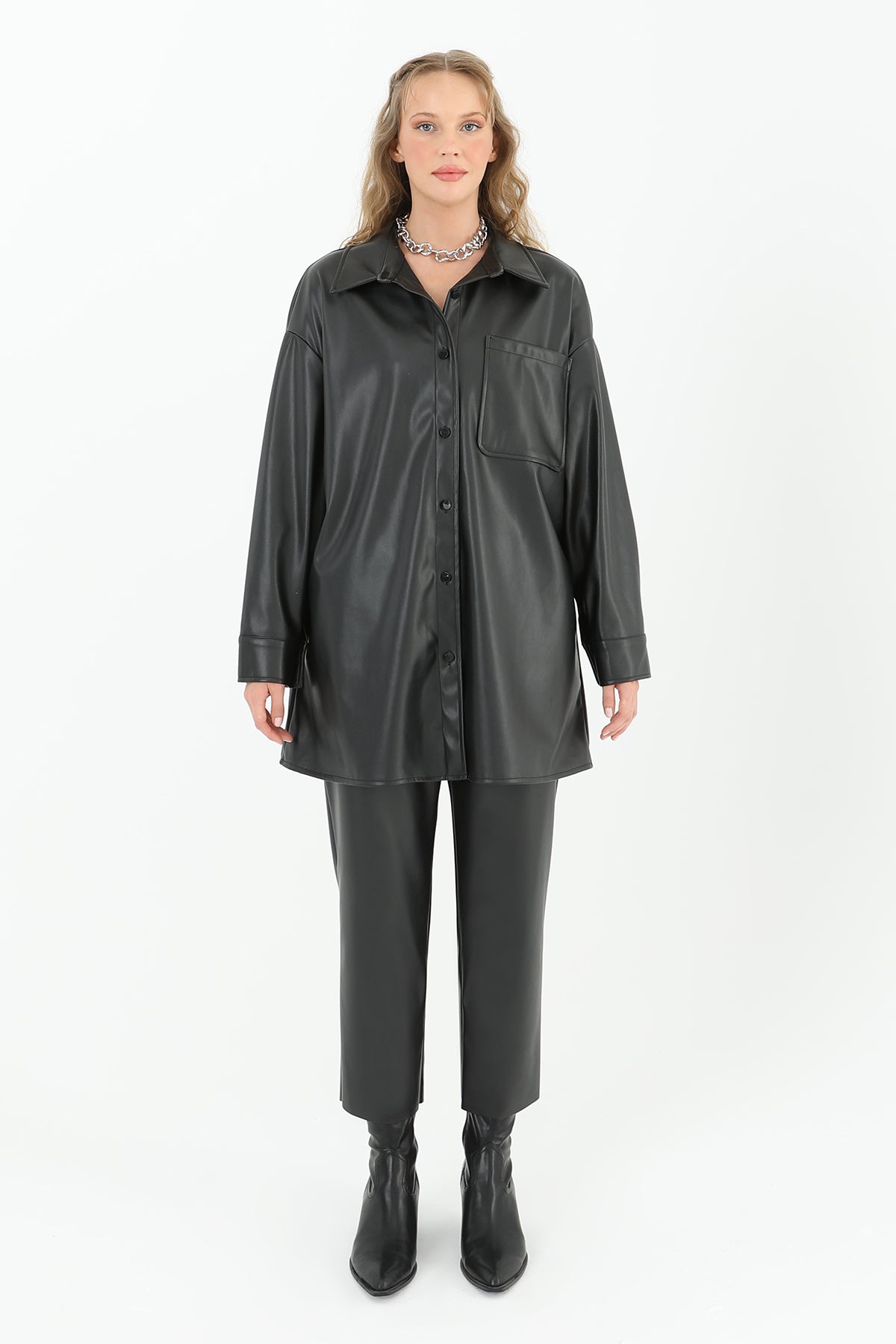 Kadın Cepli Deri Gömlek - 10570GML