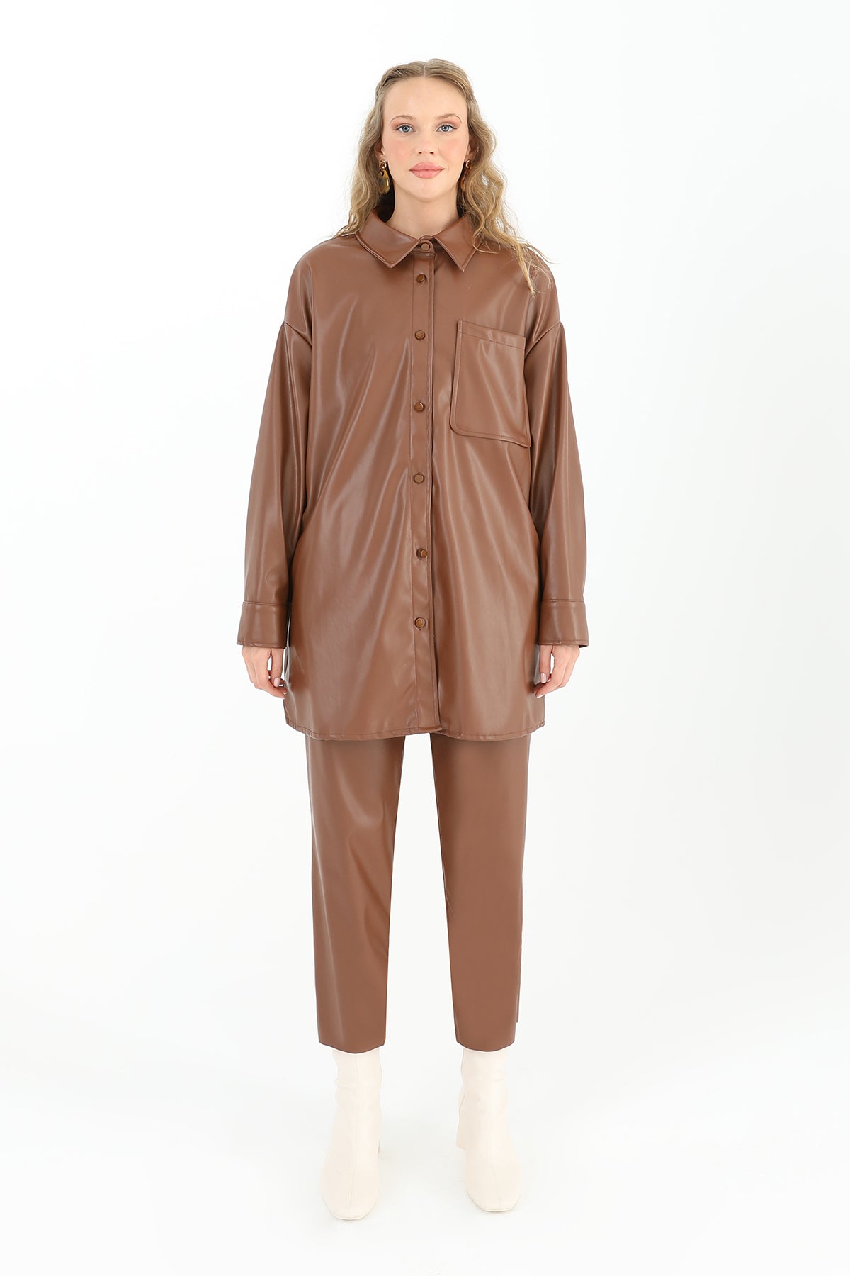 Kadın Cepli Deri Gömlek - 10570GML