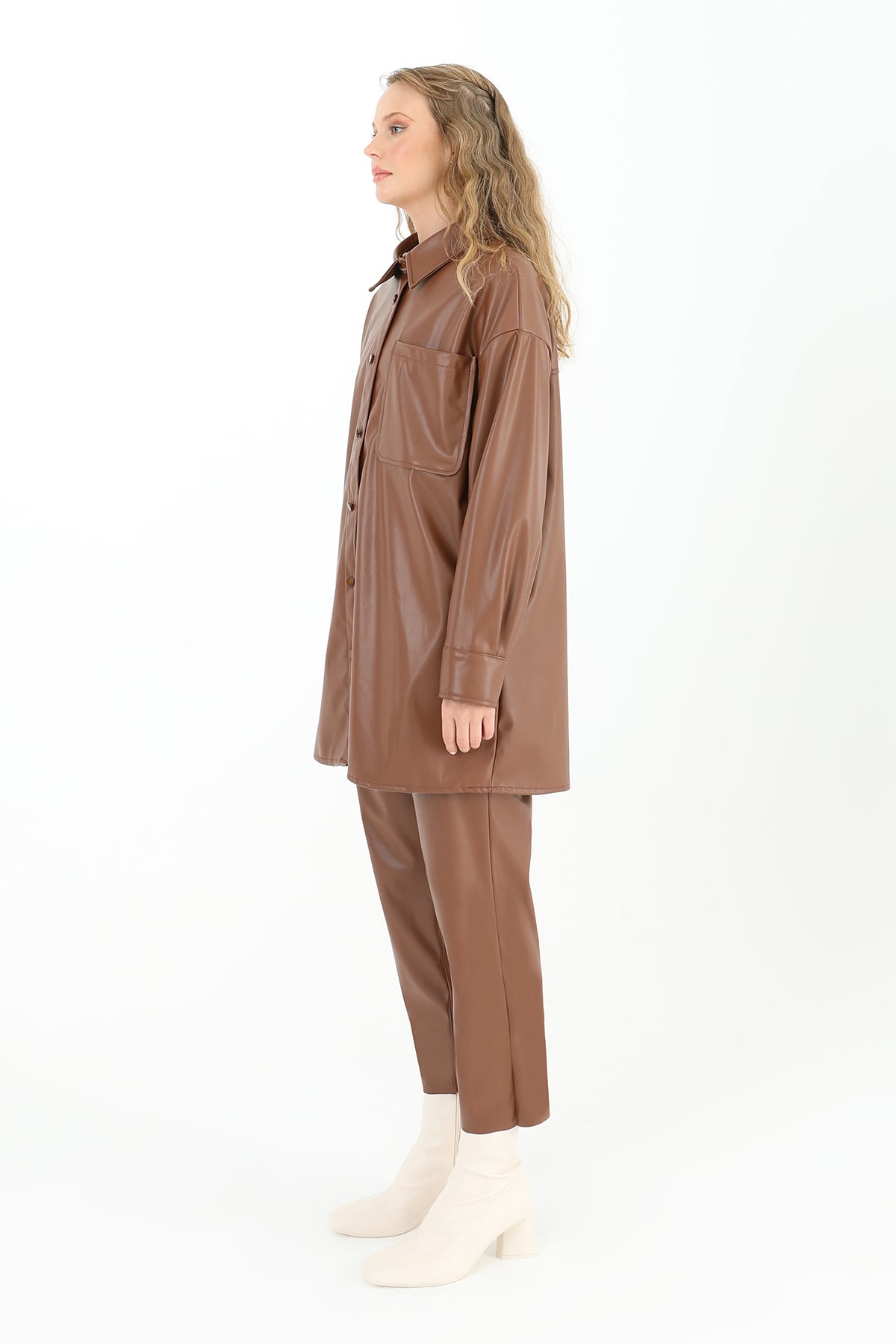 Kadın Cepli Deri Gömlek - 10570GML