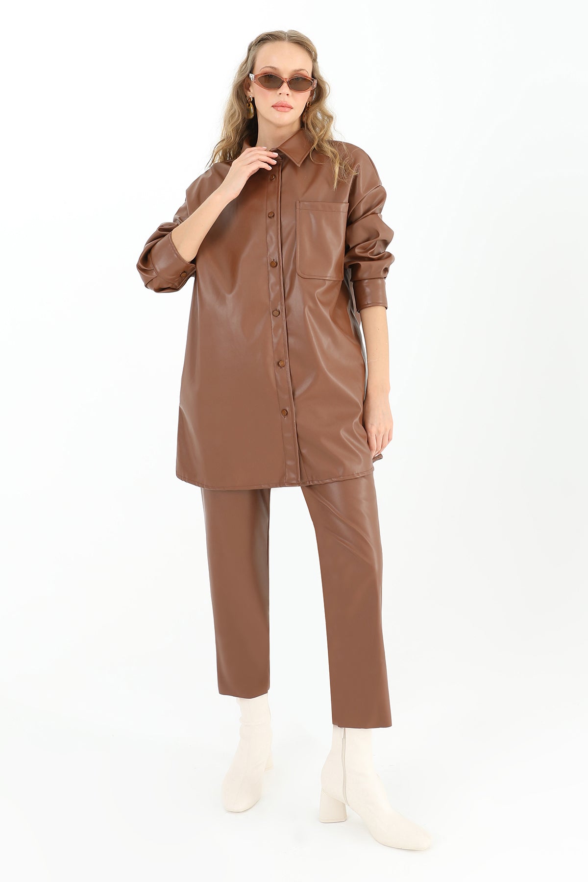 Kadın Cepli Deri Gömlek - 10570GML
