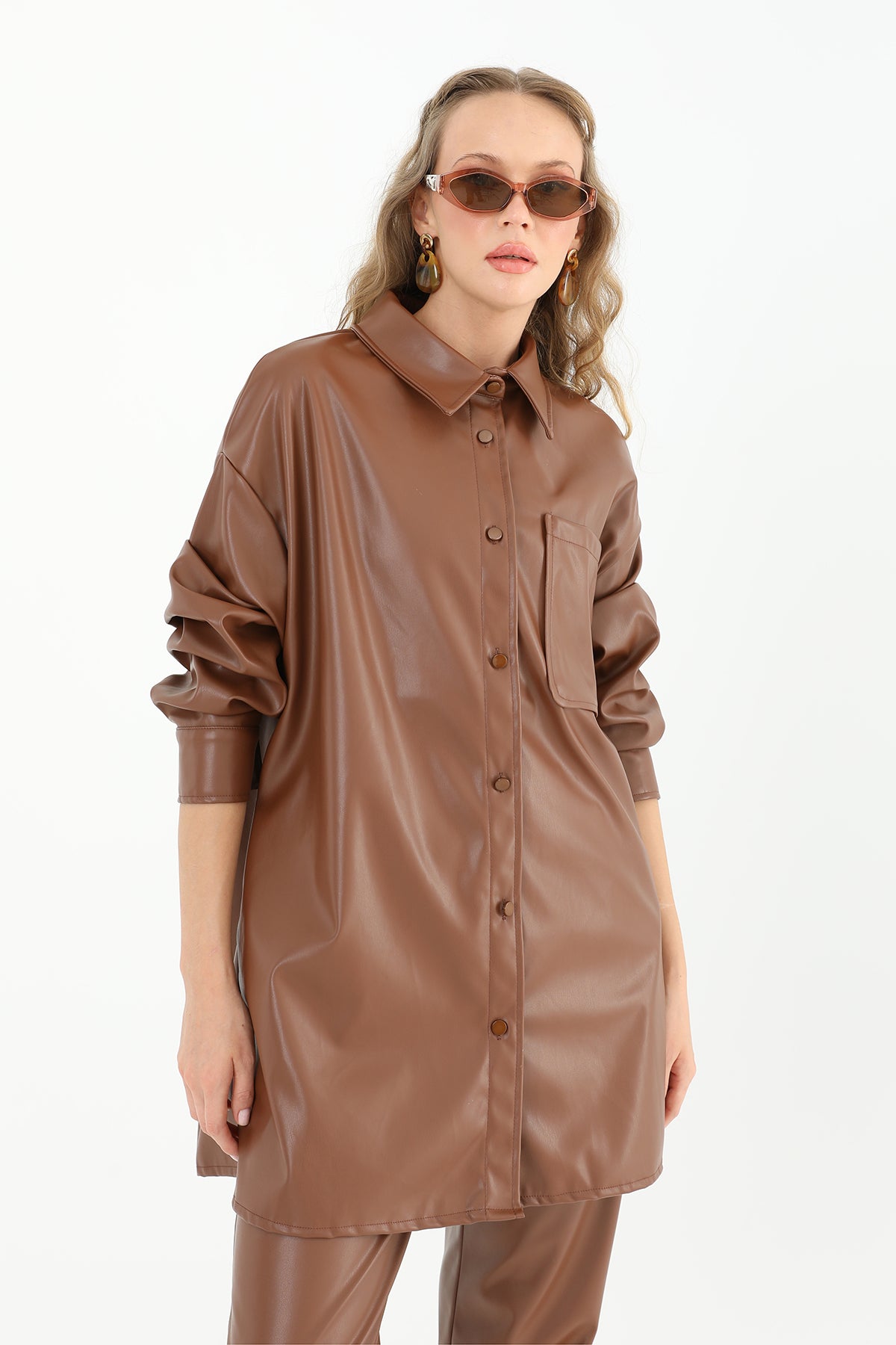 Kadın Cepli Deri Gömlek - 10570GML