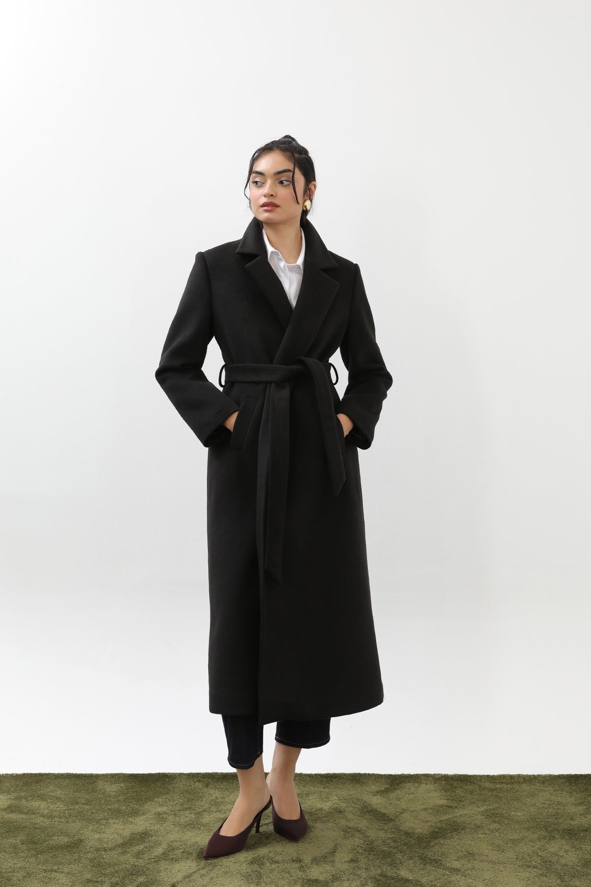 Kadın Kruvaze Yaka Kuşaklı Kaban  - 15170KBN