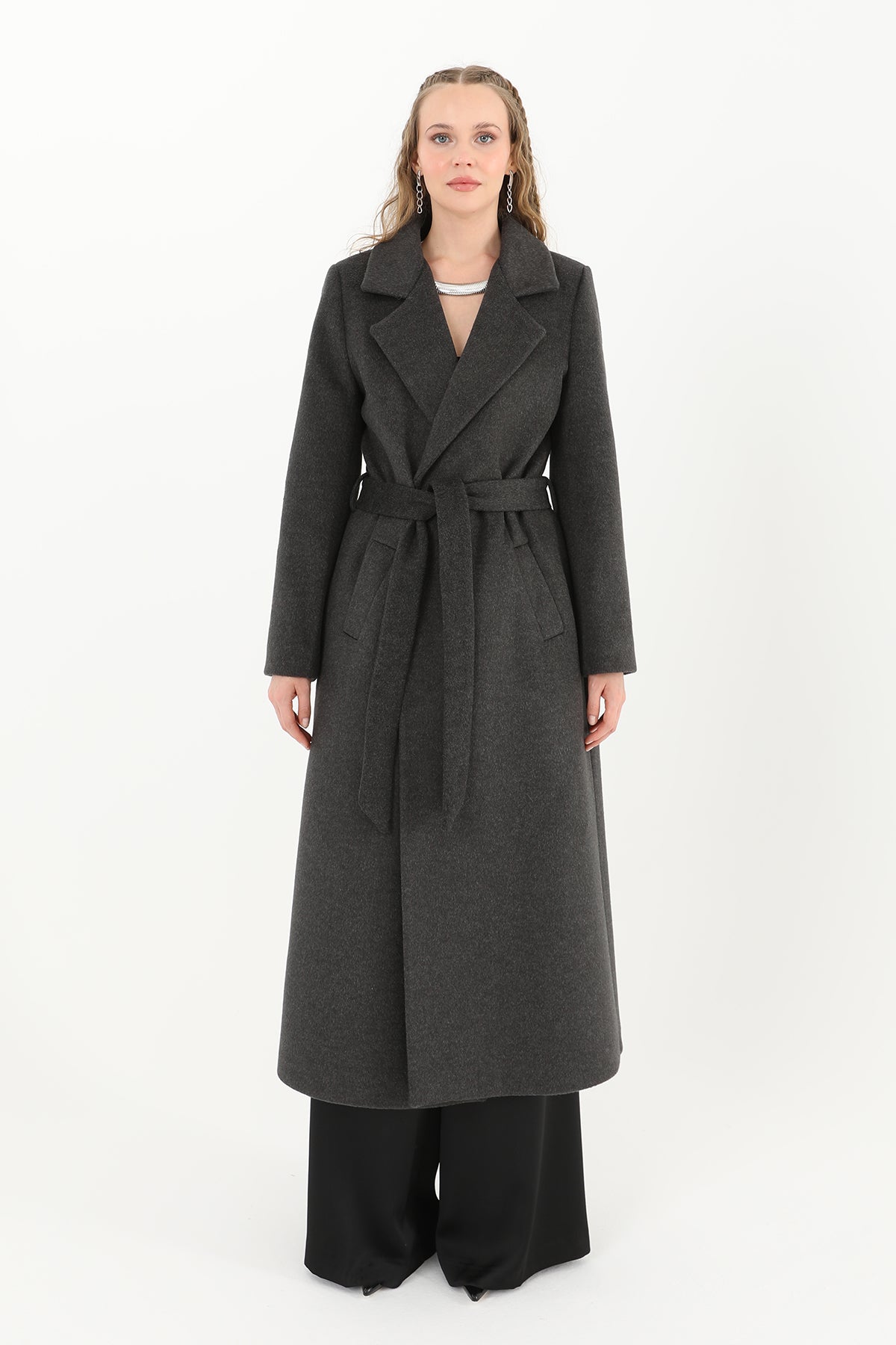 Kadın Kruvaze Yaka Kuşaklı Kaban  - 15170KBN