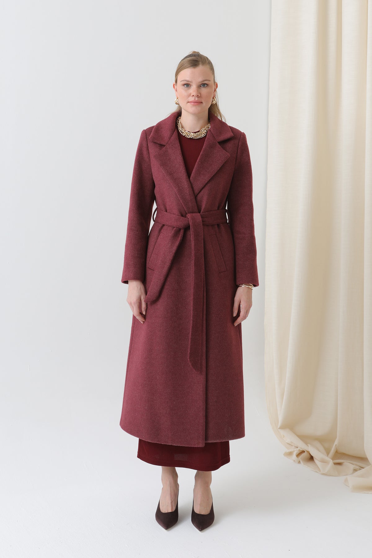 Kadın Kruvaze Yaka Kuşaklı Kaban  - 15170KBN