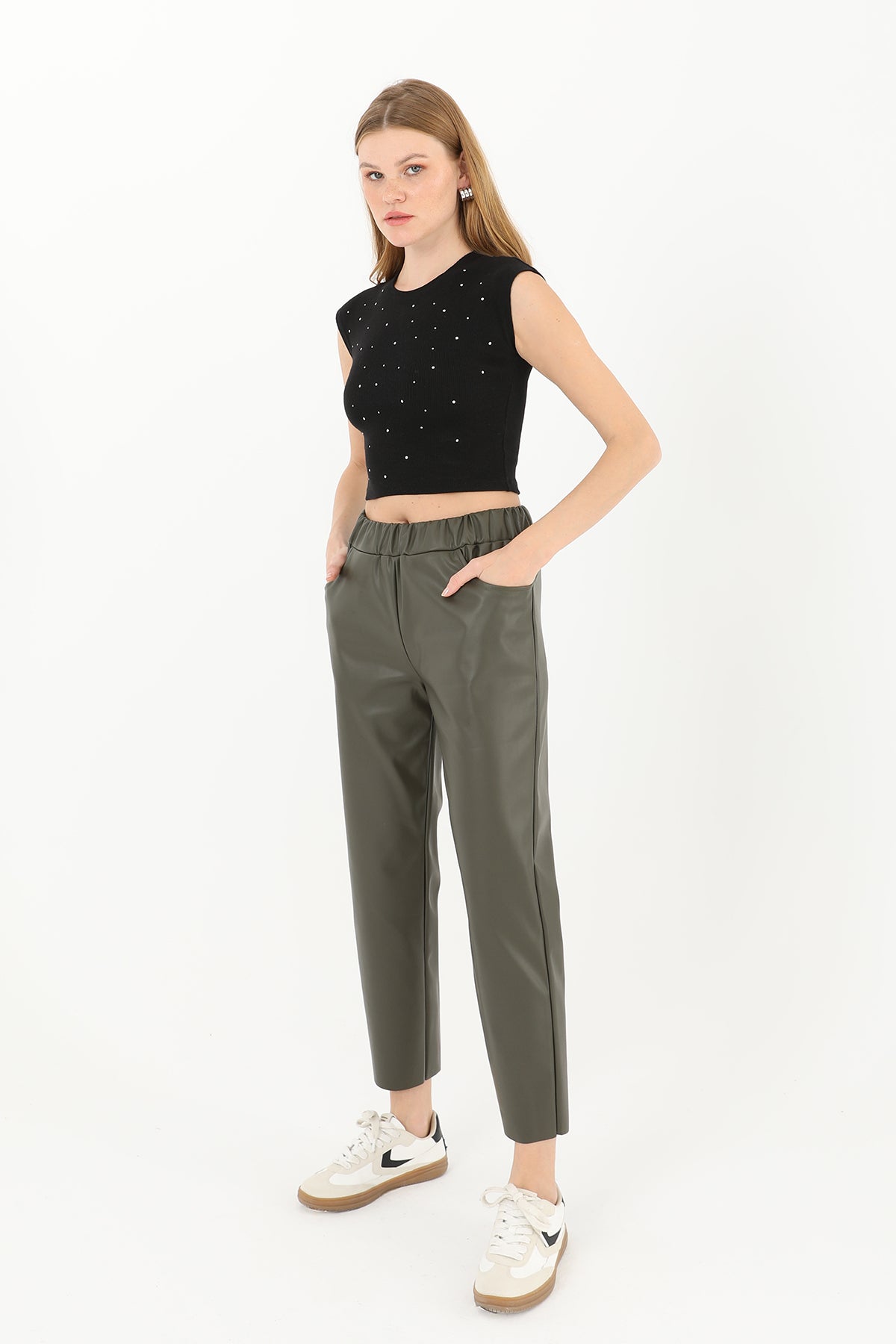 Kadın Beli Lastikli Cep Detaylı Deri Pantolon  - 18205PNT