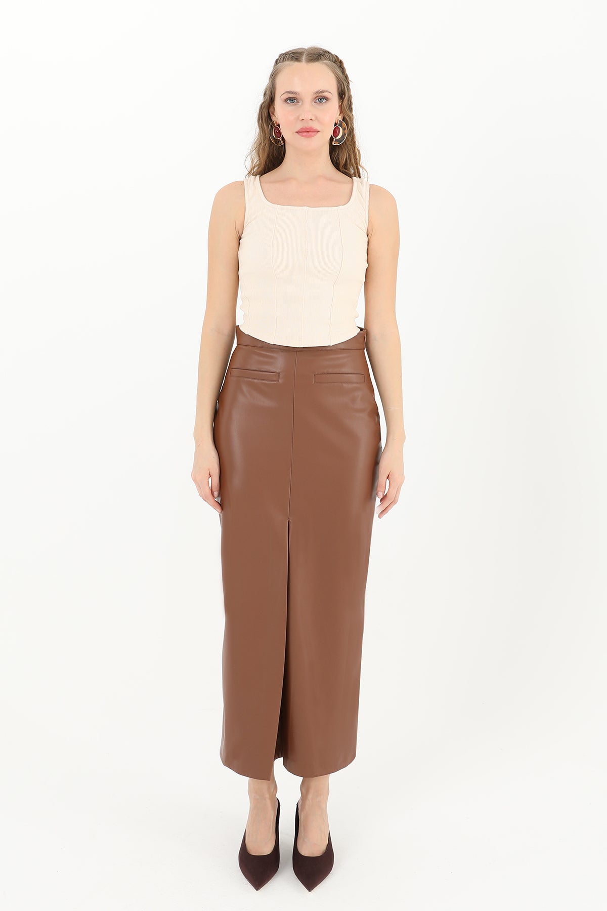 Kadın Önü Yırtmaçlı Deri Etek  - 18215ETK