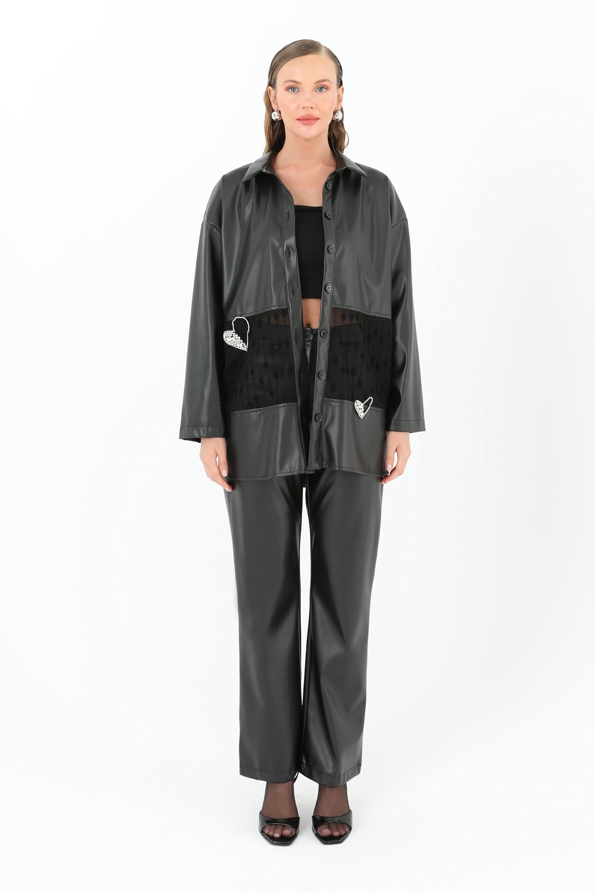 Kadın File Detaylı Deri Gömlek  - 31971GML