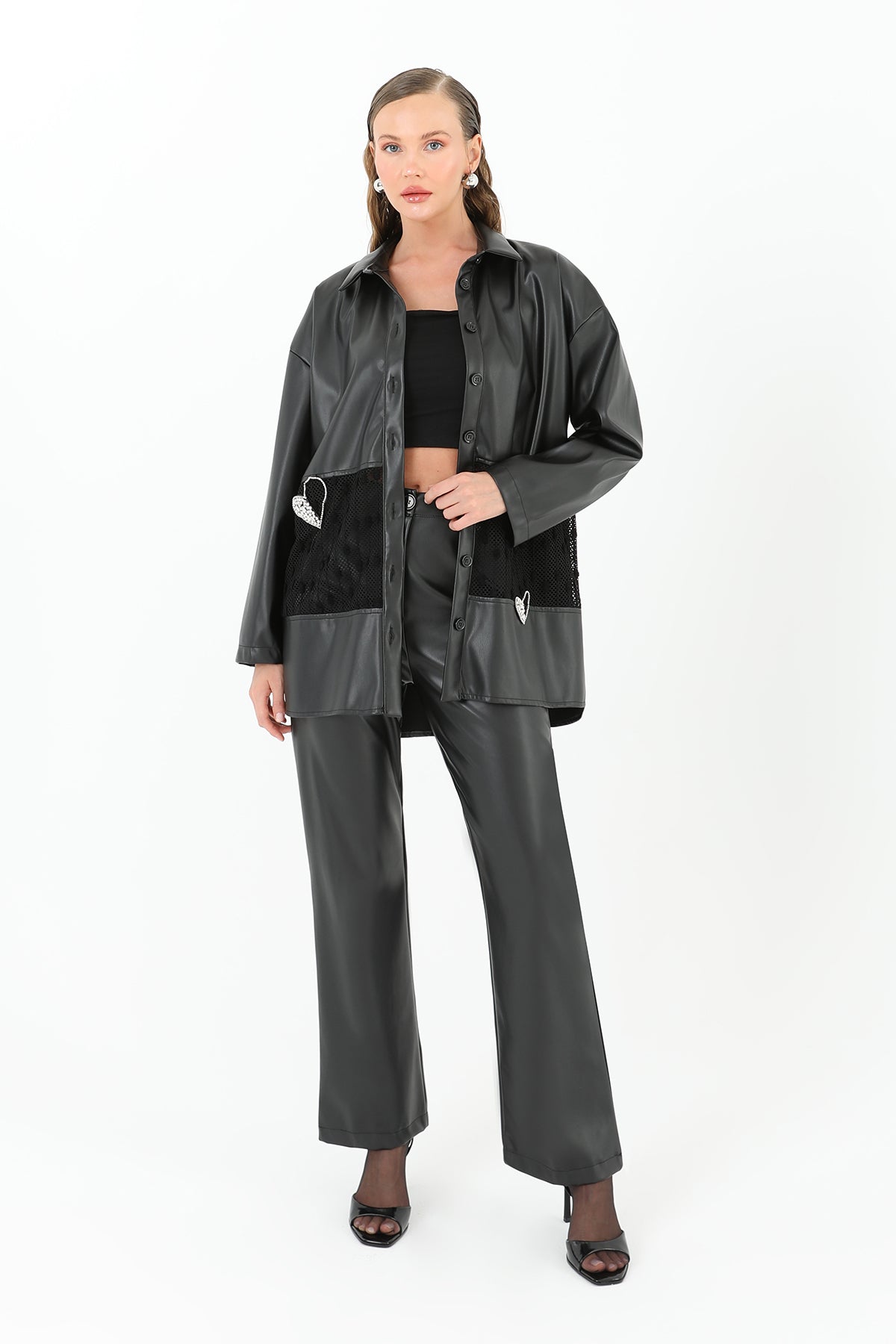 Kadın File Detaylı Deri Gömlek  - 31971GML