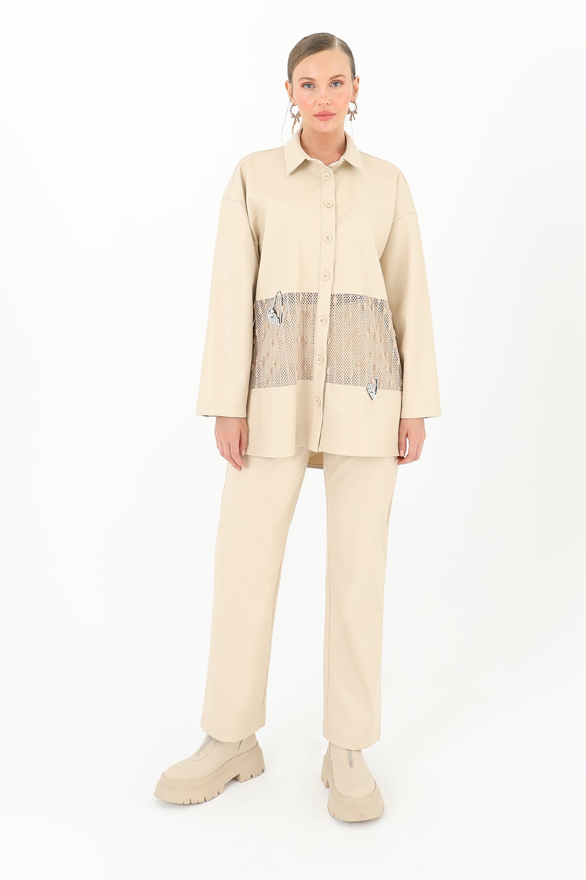 Kadın File Detaylı Deri Gömlek  - 31971GML