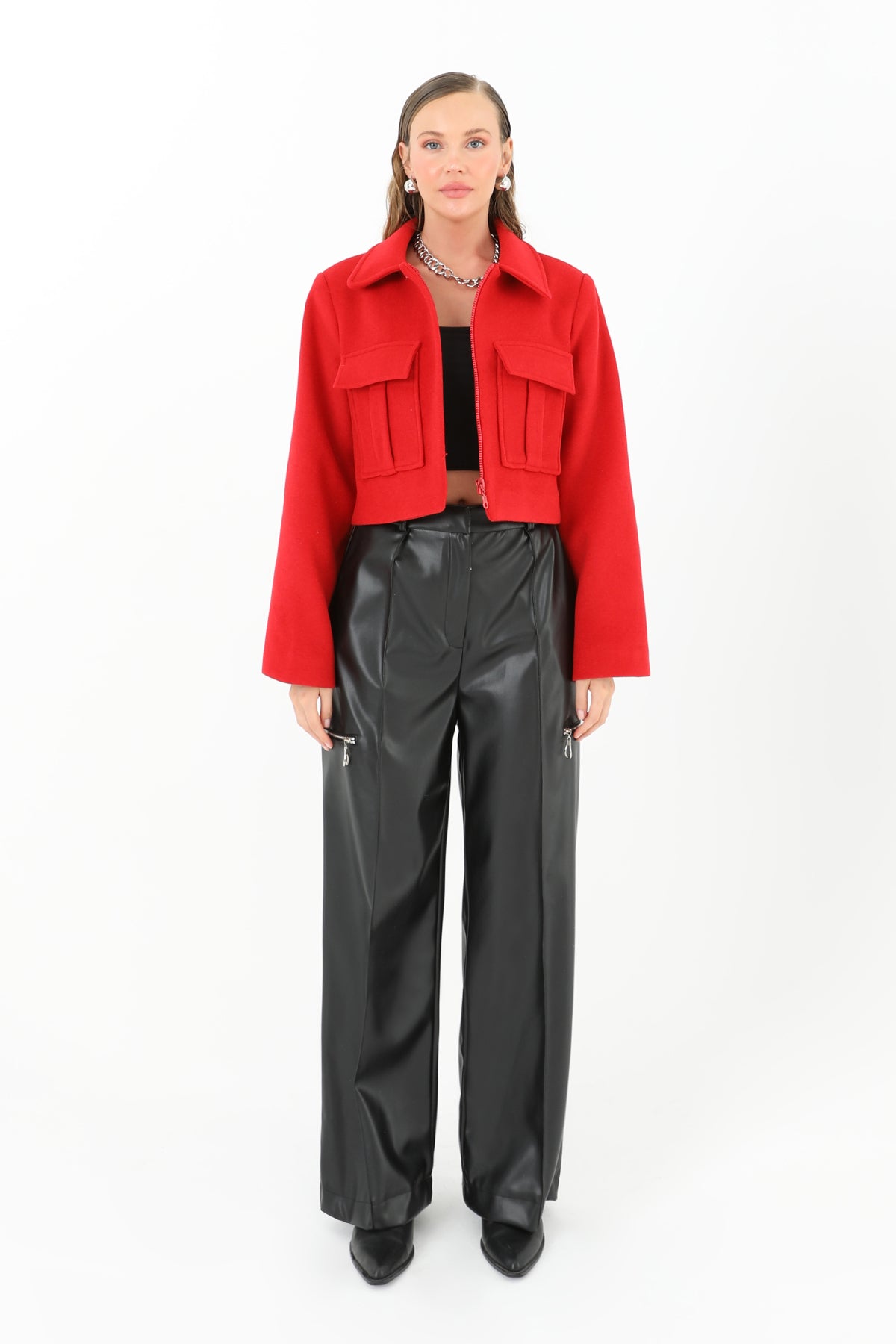 Kadın Pileli Geniş Paça Deri Pantolon  - 31972PNT