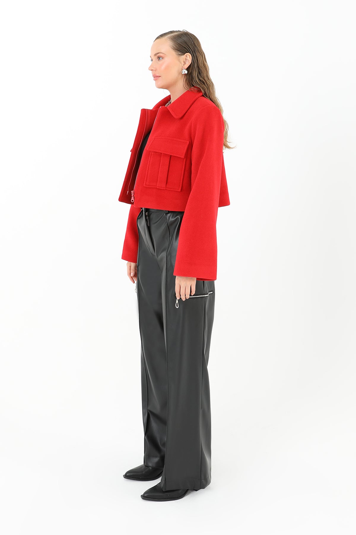 Kadın Pileli Geniş Paça Deri Pantolon  - 31972PNT