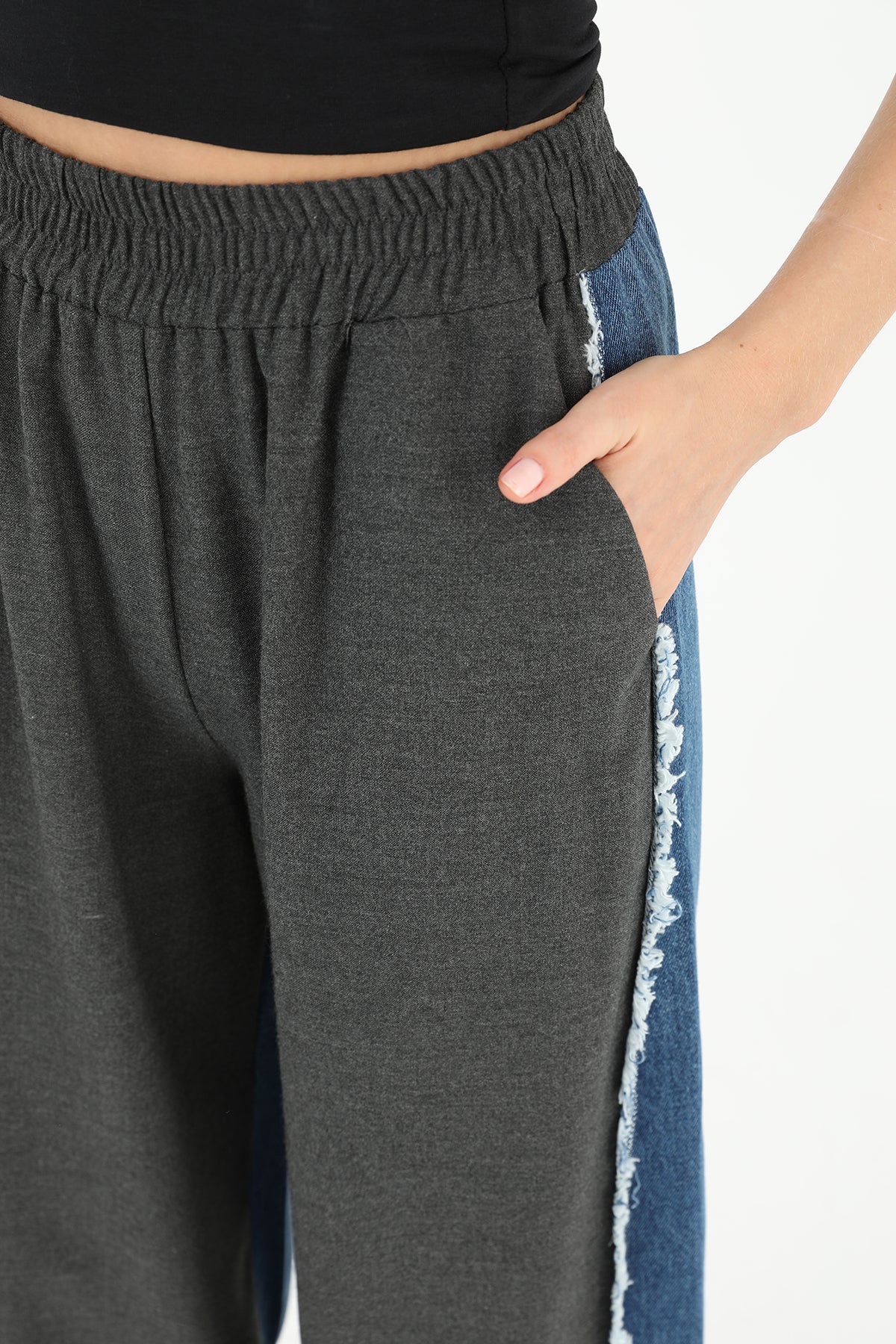 Kadın Yanları Kot Detaylı Geniş Paça Pantolon  - 31982PNT