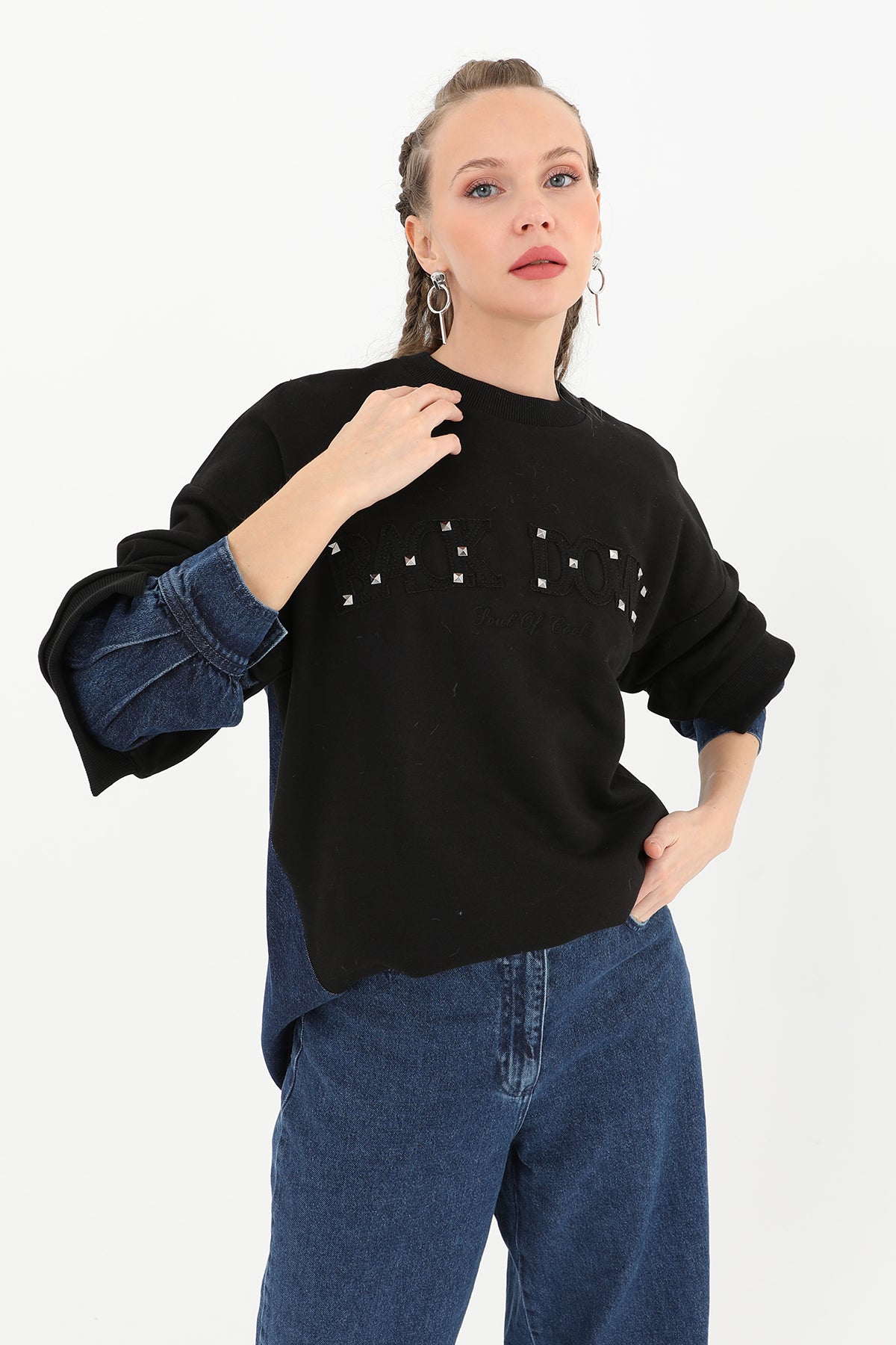 Kadın Kol Ucu Kot Detaylı Taş İşlemeli Sweatshirt  - 31990SWT