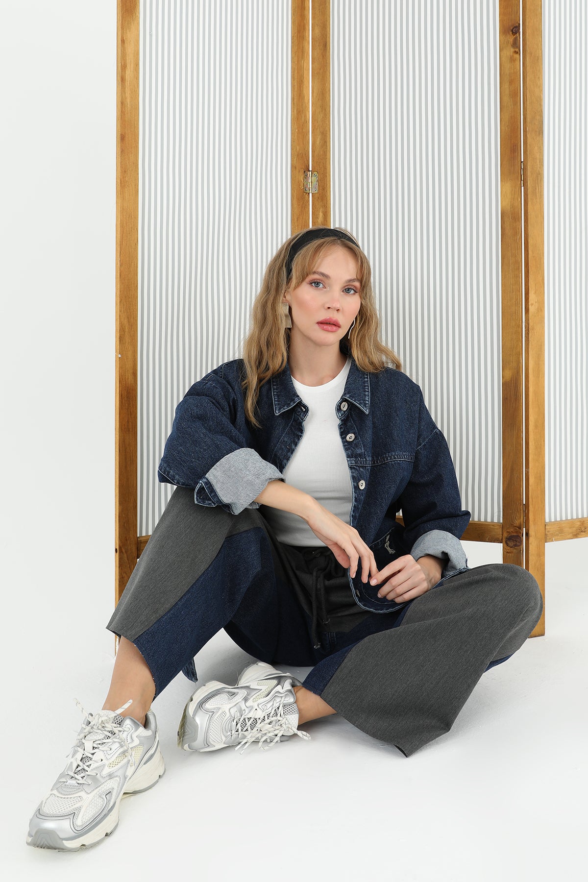 Kadın Arkası Kot Önü Triko Geçişli Geniş Paça Pantolon  - 31991PNT