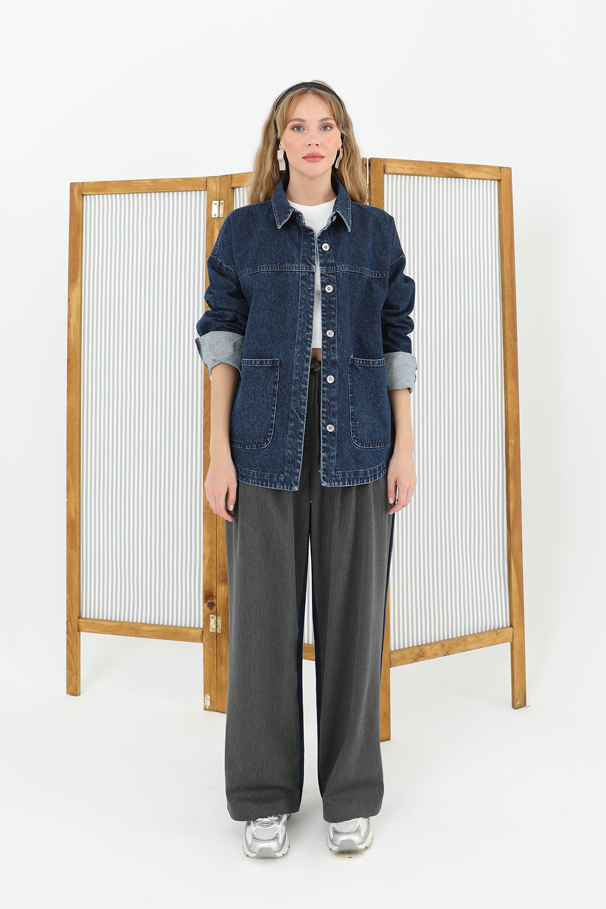 Kadın Arkası Kot Önü Triko Geçişli Geniş Paça Pantolon  - 31991PNT