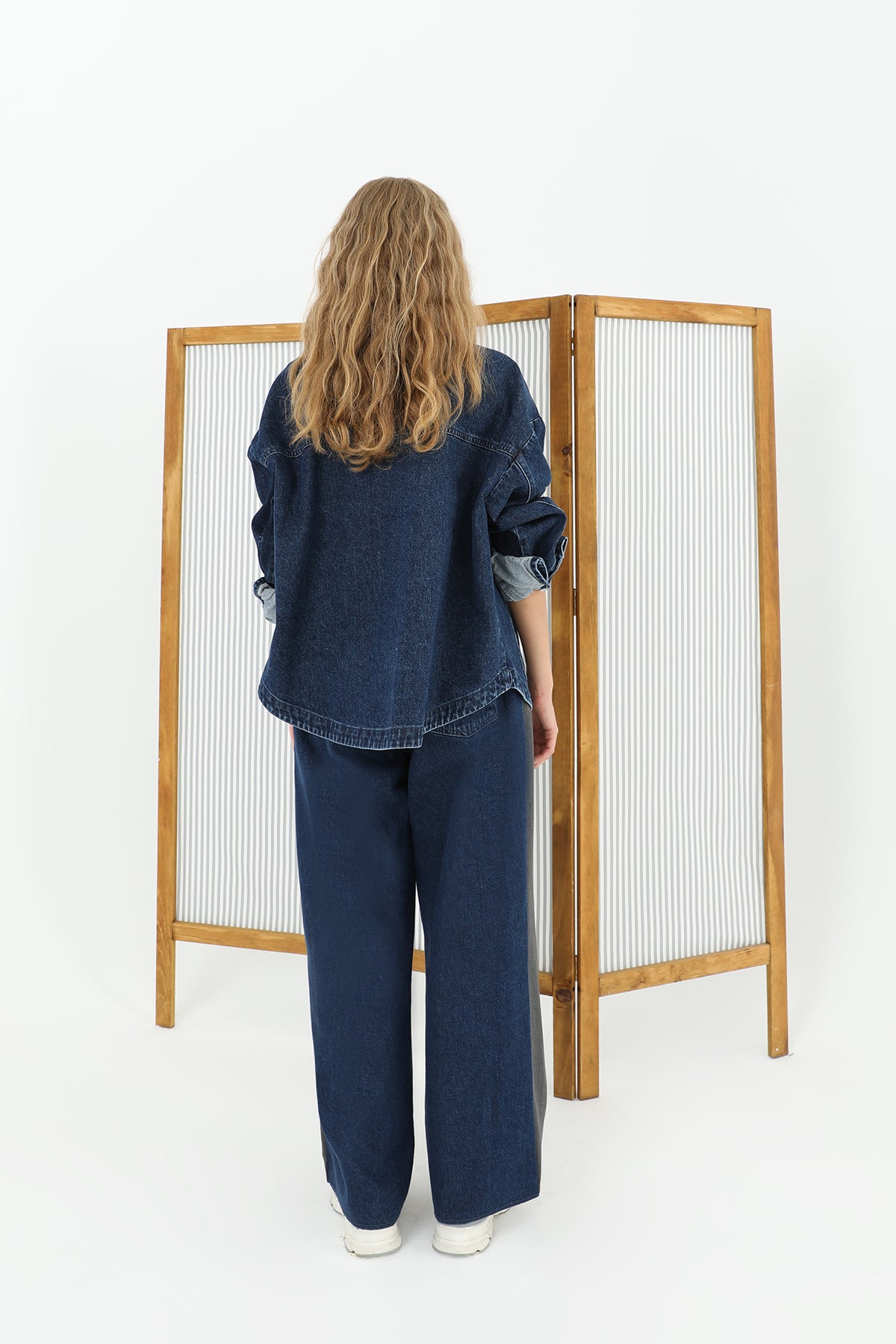 Kadın Arkası Kot Önü Triko Geçişli Geniş Paça Pantolon  - 31991PNT