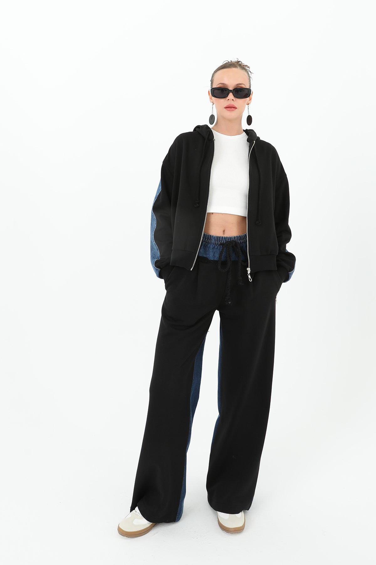 Kadın Arkası Kot Önü Triko Geçişli Geniş Paça Pantolon  - 31992PNT