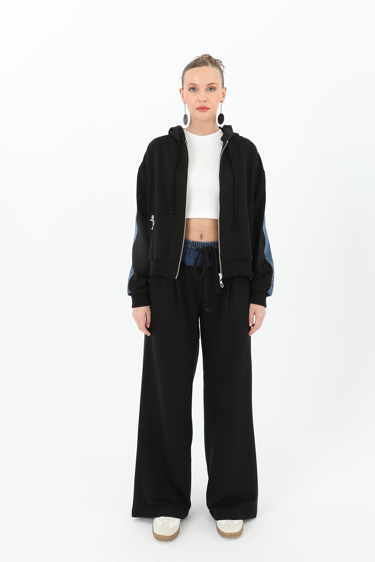 Kadın Arkası Kot Önü Triko Geçişli Geniş Paça Pantolon  - 31992PNT