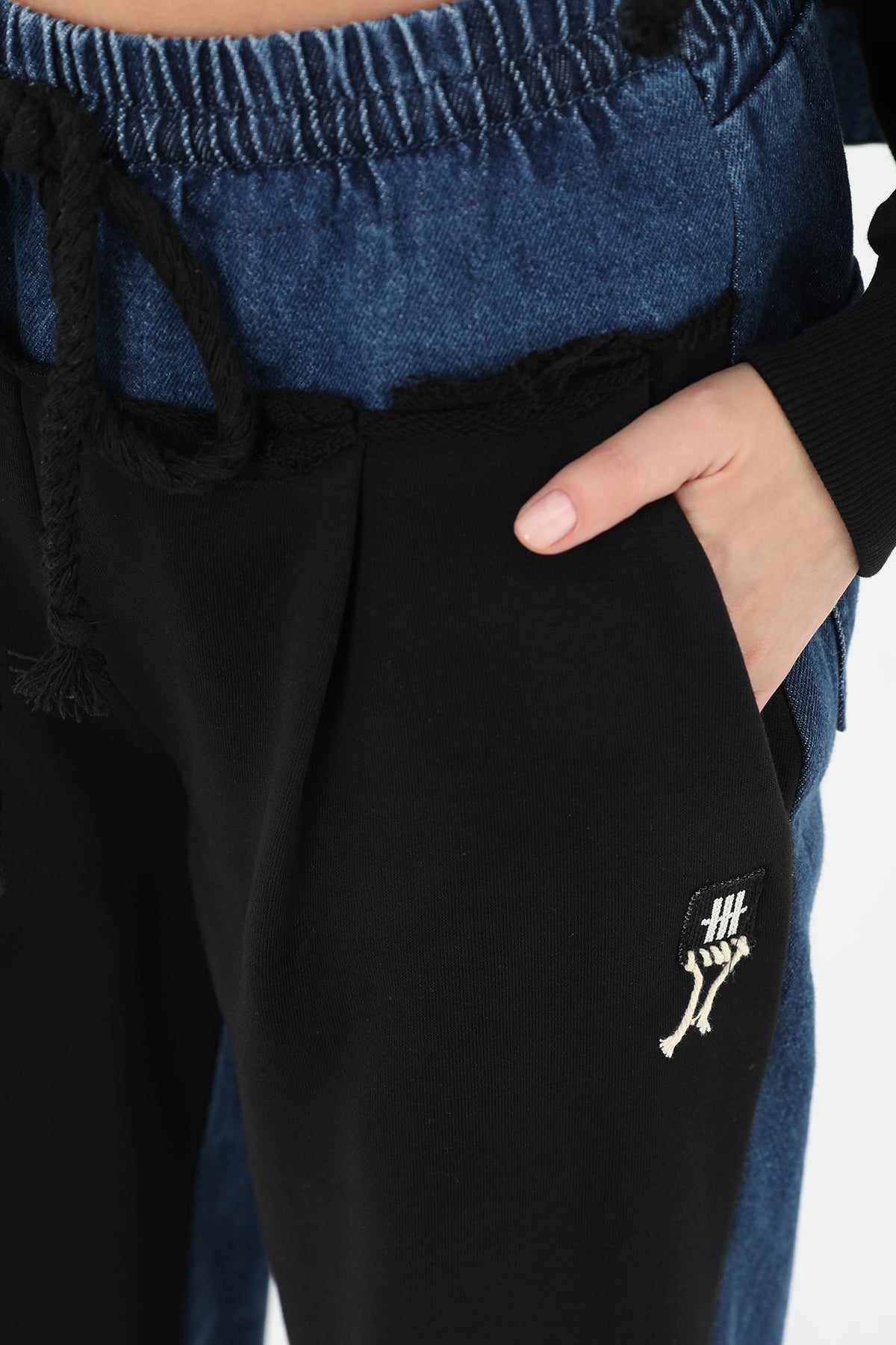 Kadın Arkası Kot Önü Triko Geçişli Geniş Paça Pantolon  - 31992PNT