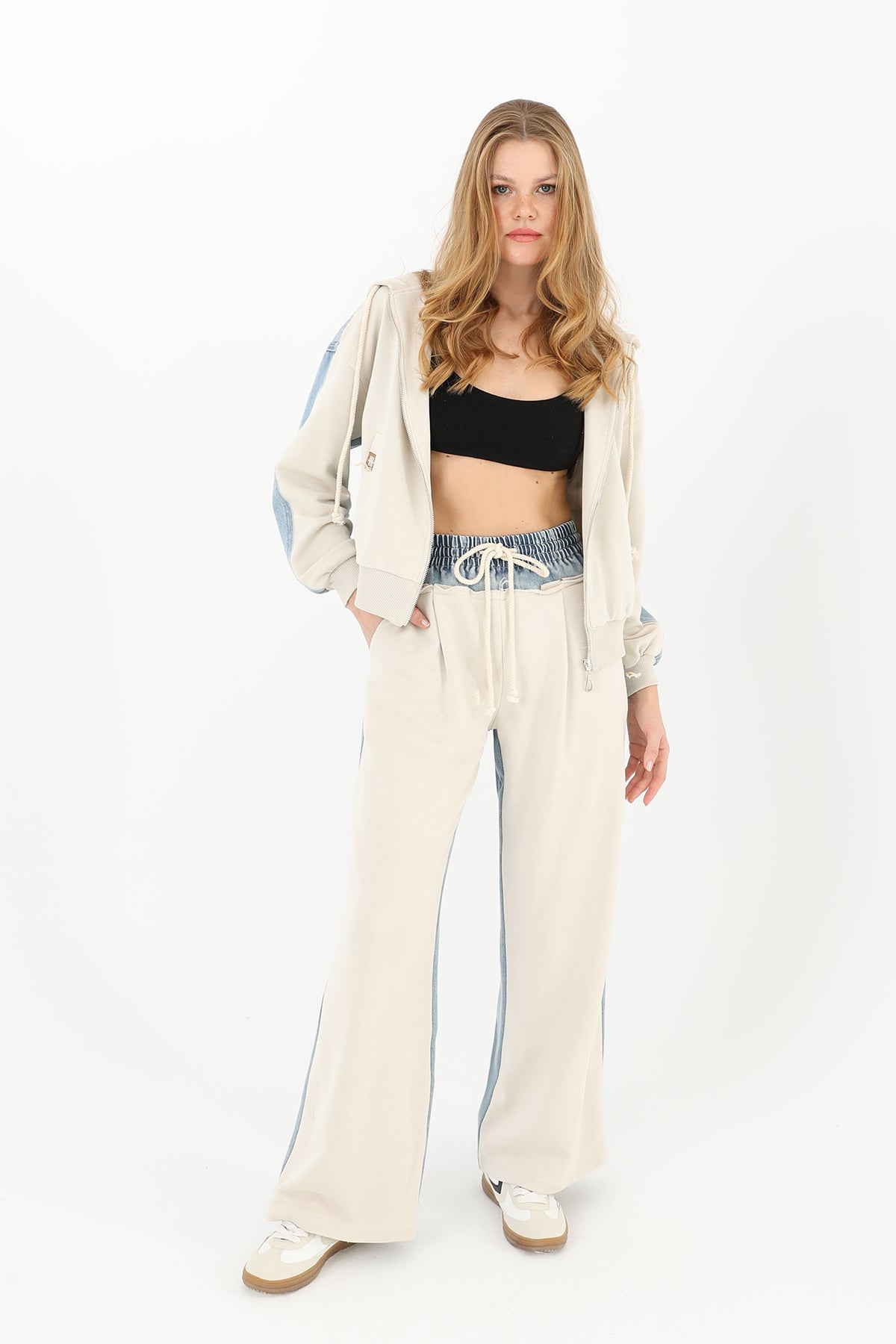 Kadın Arkası Kot Önü Triko Kapüşonlu Sweatshirt  - 31993SWT