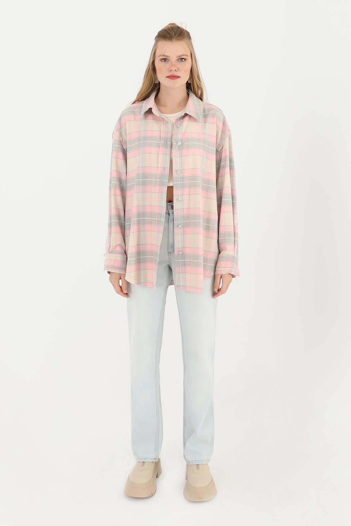 Kadın Ekoseli Saçaklı Gömlek  - 32007GML