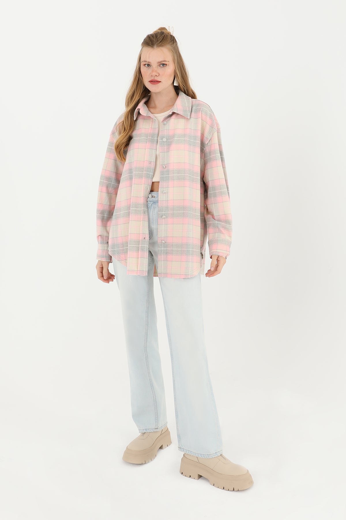 Kadın Ekoseli Saçaklı Gömlek  - 32007GML