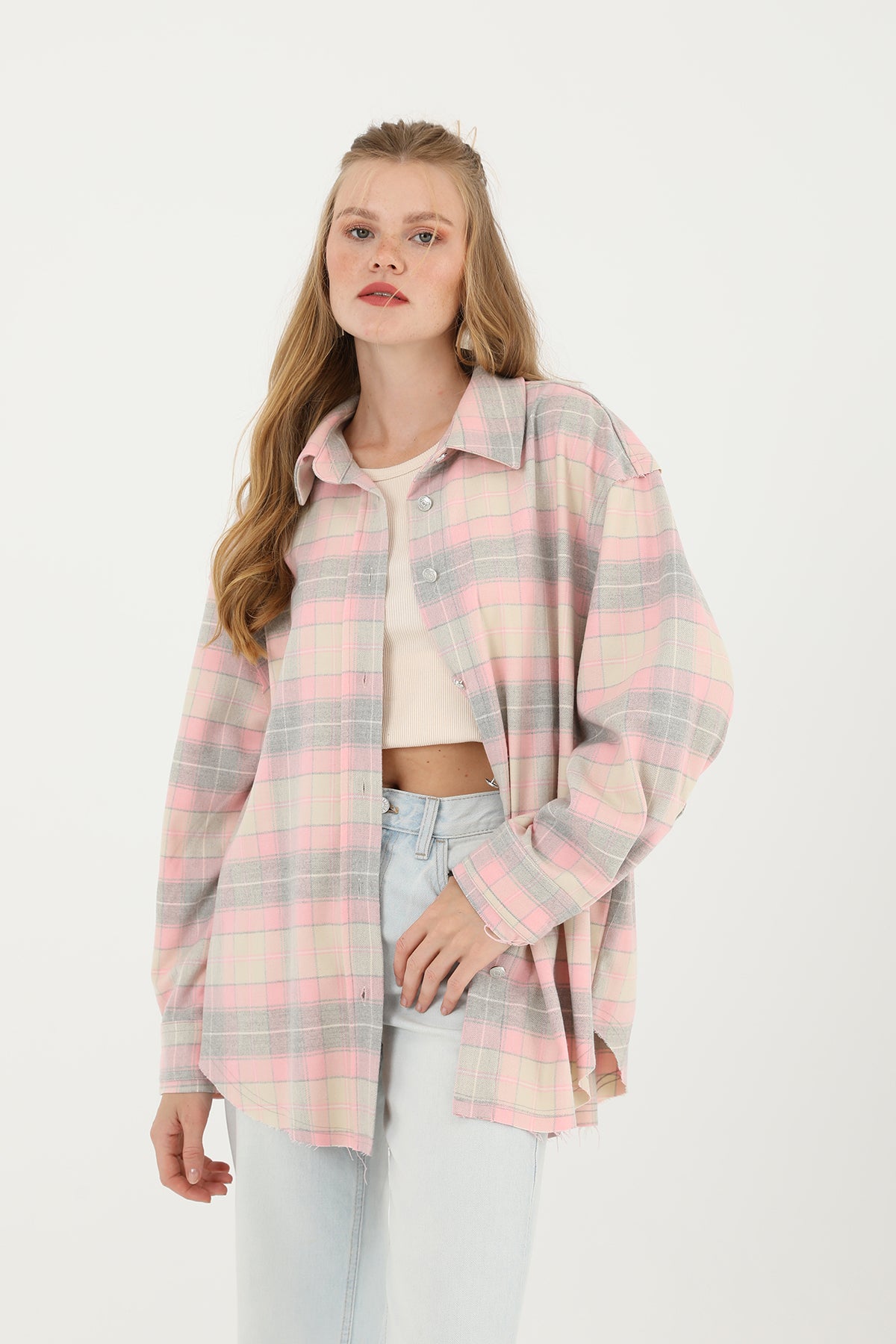 Kadın Ekoseli Saçaklı Gömlek  - 32007GML