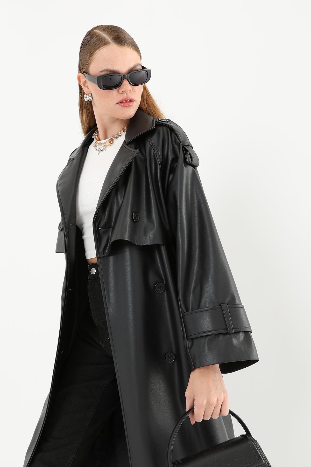 Kadın Deri Uzun Trench  - 32017TRC