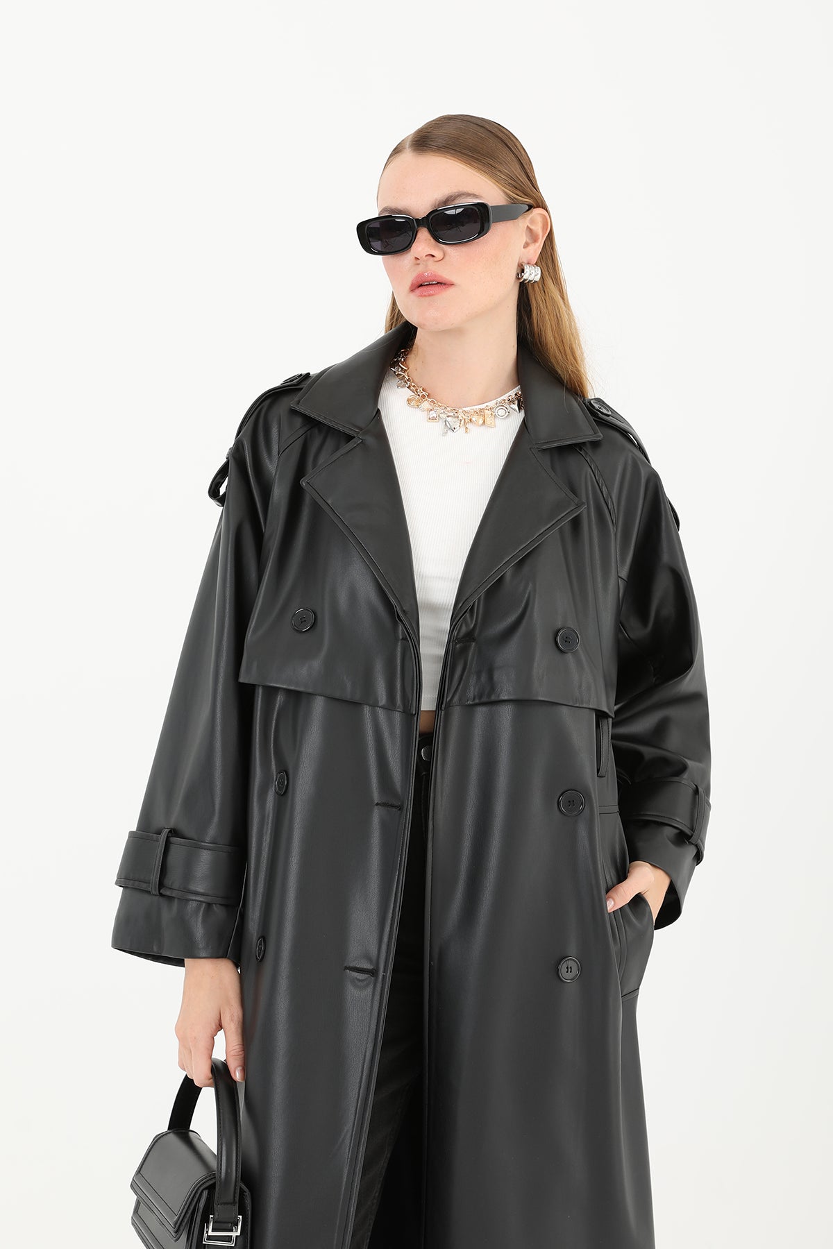 Kadın Deri Uzun Trench  - 32017TRC