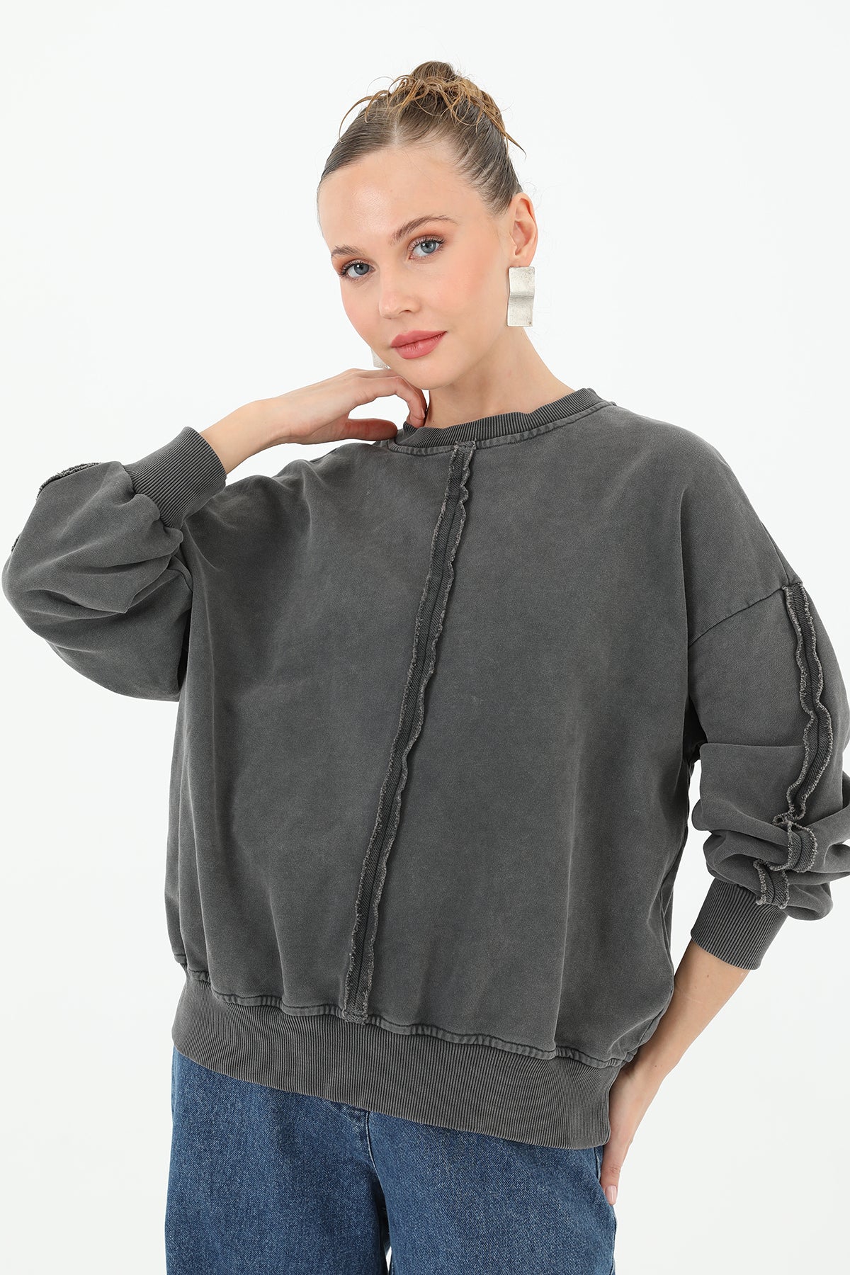Kadın Dikiş Detaylı Eskitme Sweatshirt - 32063SWT