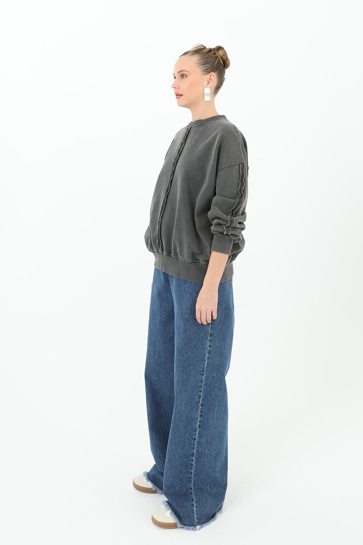 Kadın Dikiş Detaylı Eskitme Sweatshirt - 32063SWT