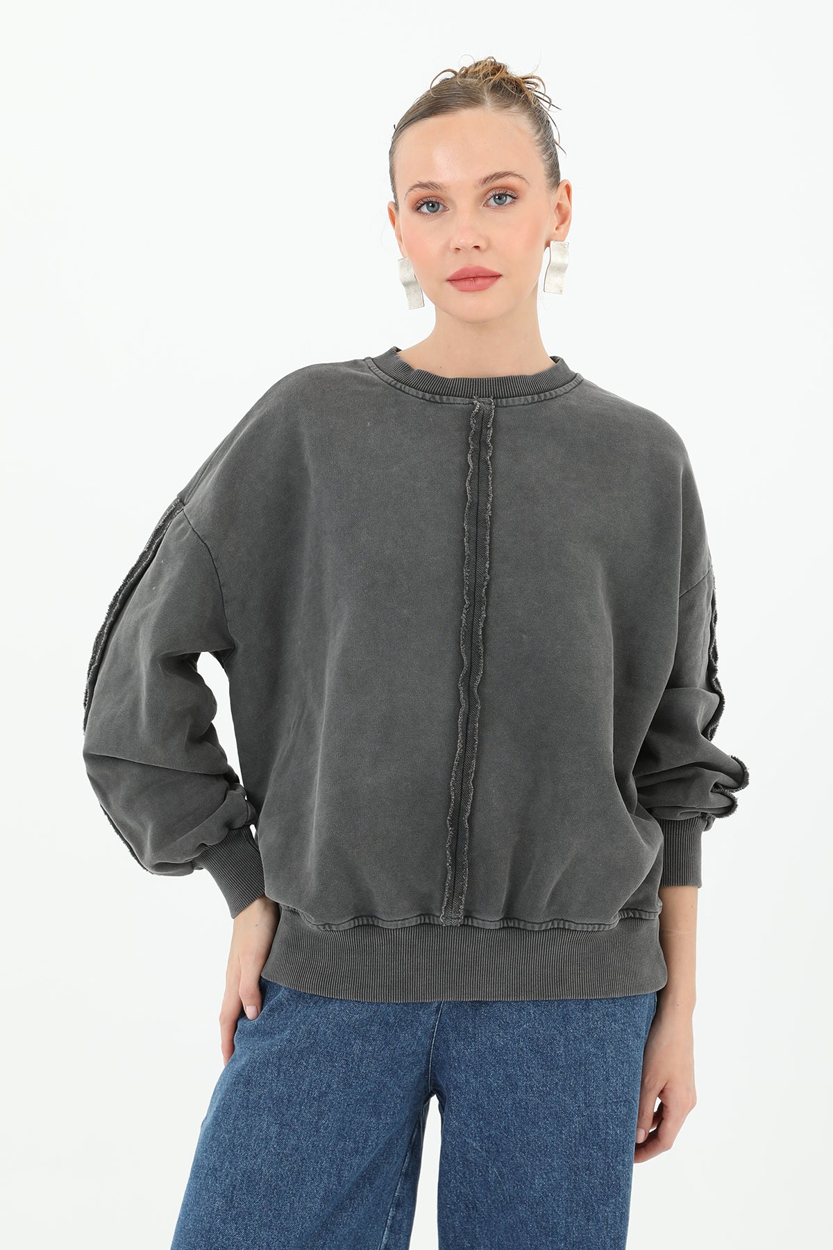 Kadın Dikiş Detaylı Eskitme Sweatshirt - 32063SWT