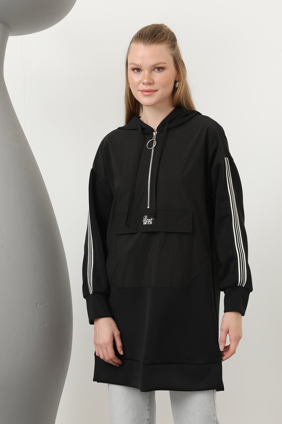 Kadın Önü Fermuar Detaylı Kapişonlu Tunik - 10610TUN