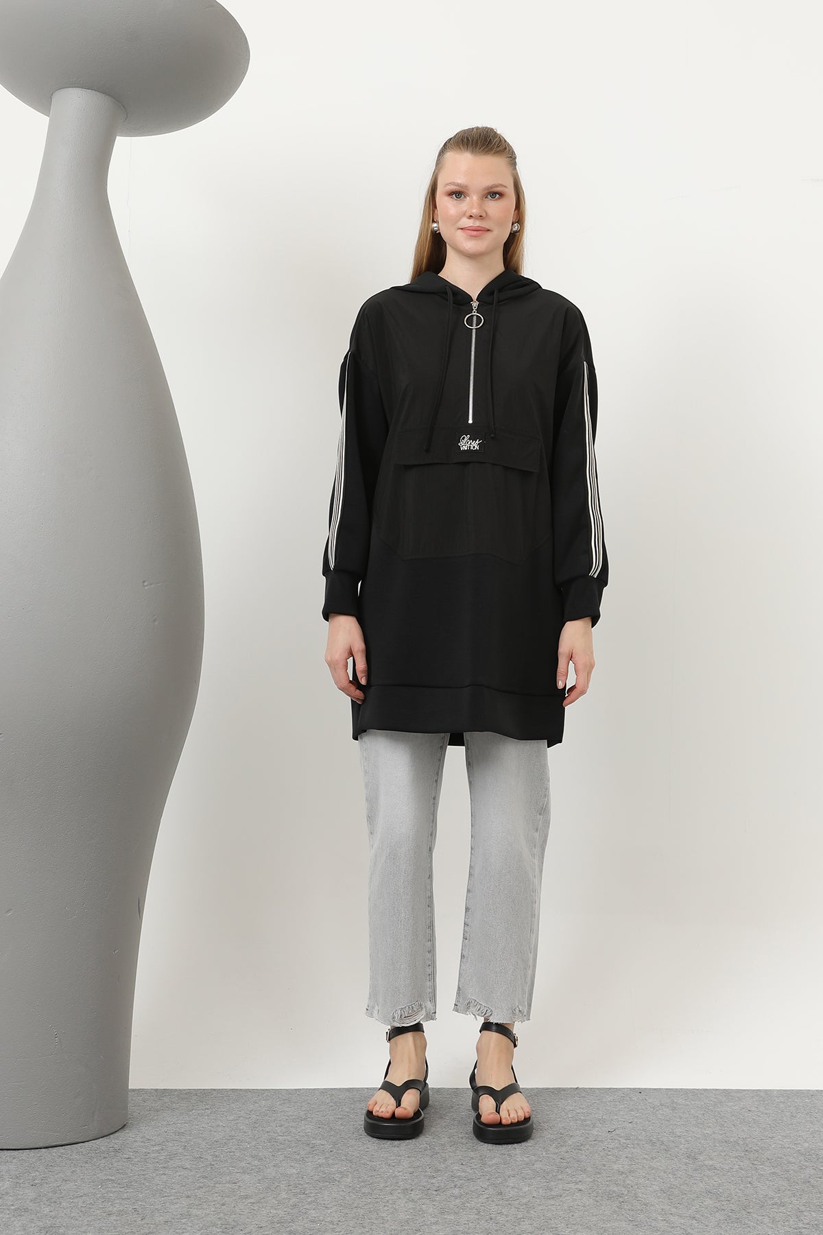 Kadın Önü Fermuar Detaylı Kapişonlu Tunik - 10610TUN