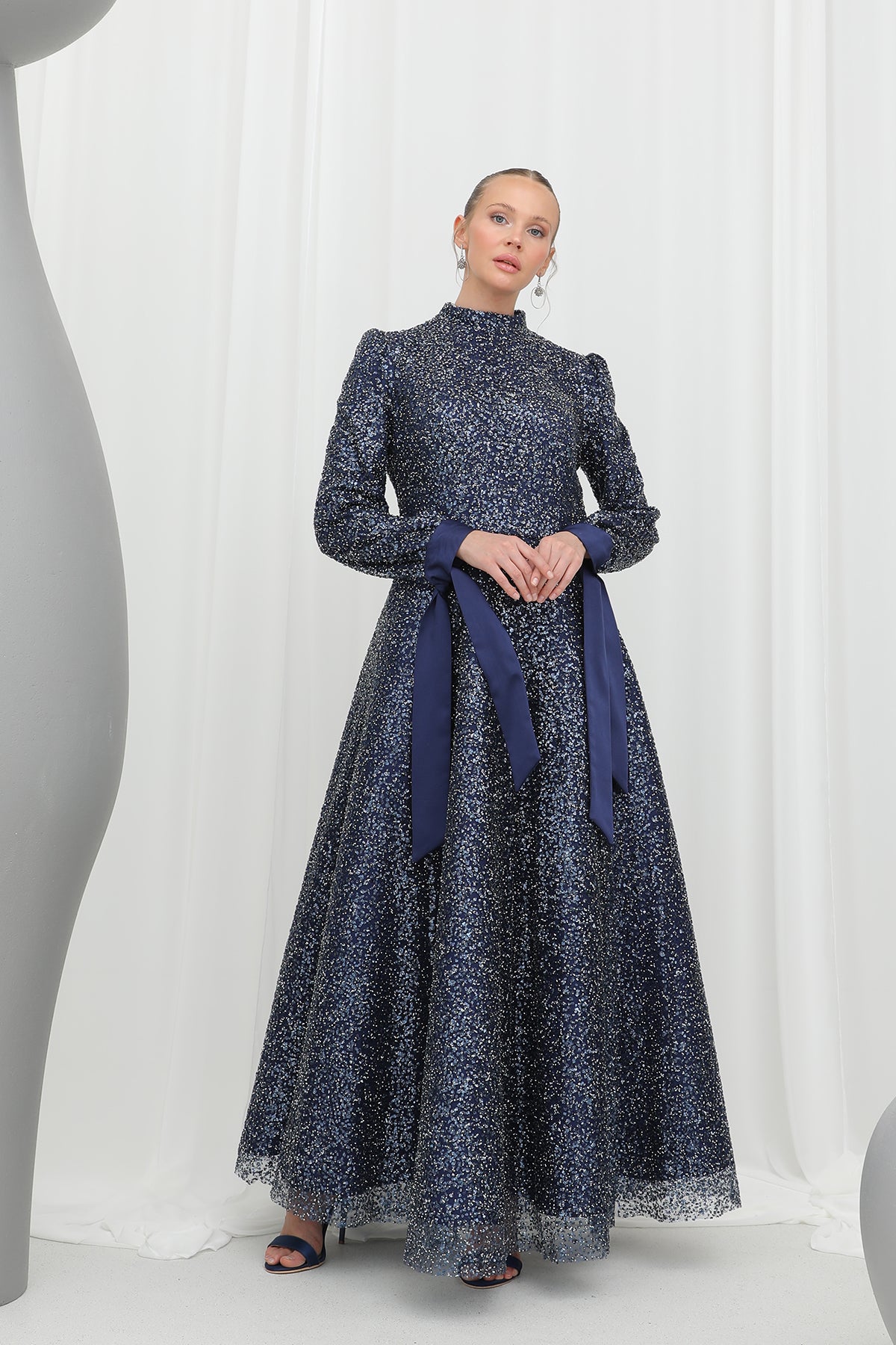 Kadın Parlak Dokulu Uzun Abiye -12576ELB