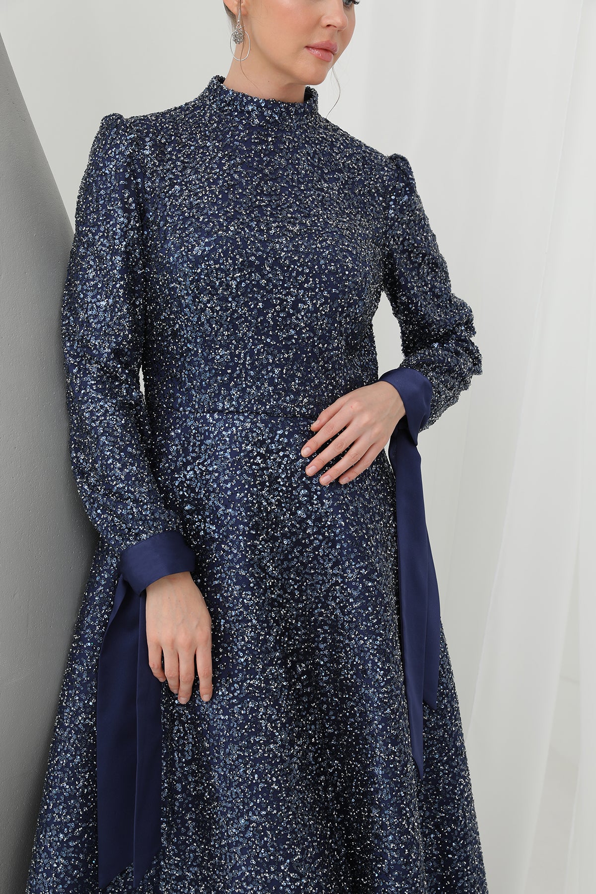 Kadın Parlak Dokulu Uzun Abiye -12576ELB