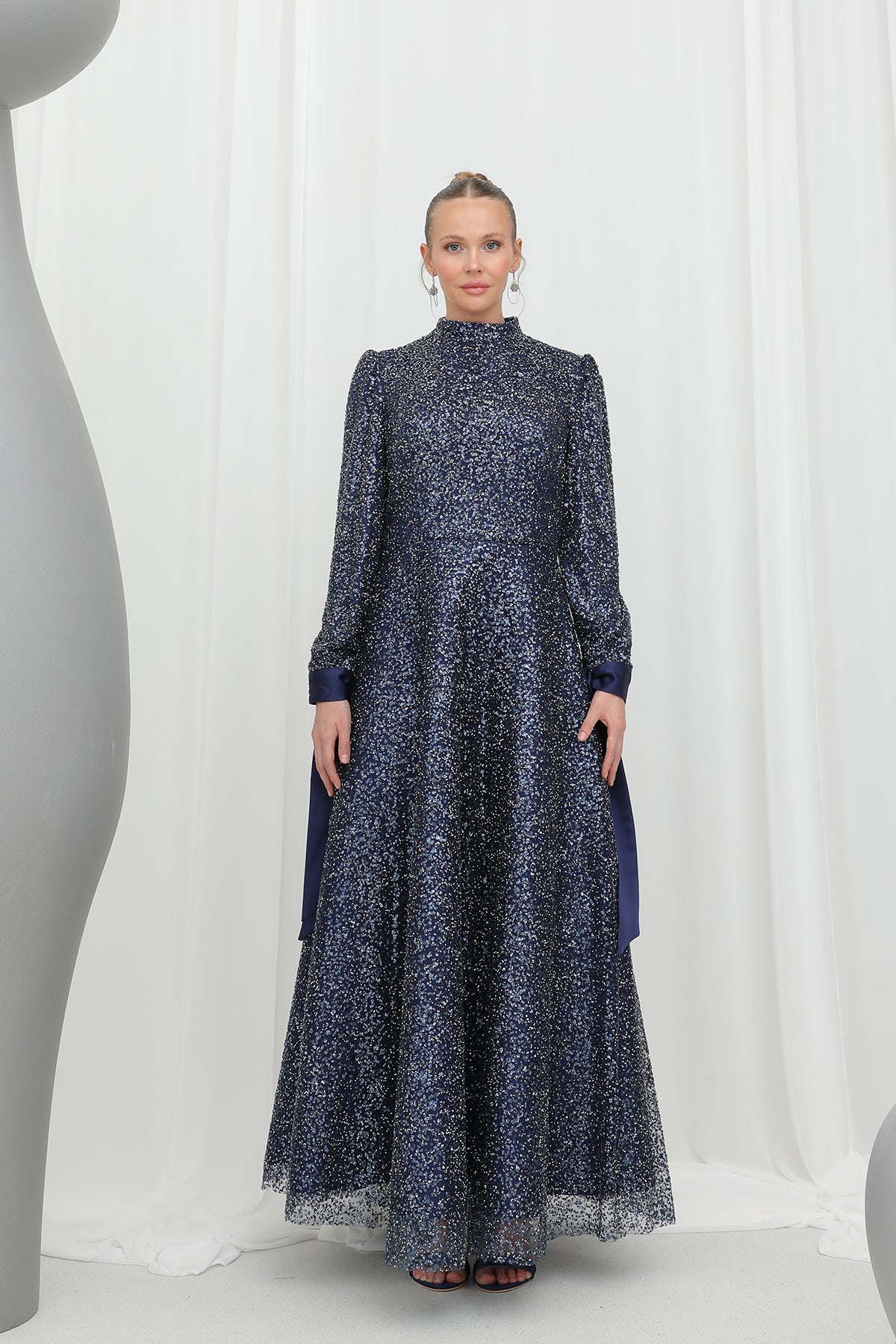 Kadın Parlak Dokulu Uzun Abiye -12576ELB