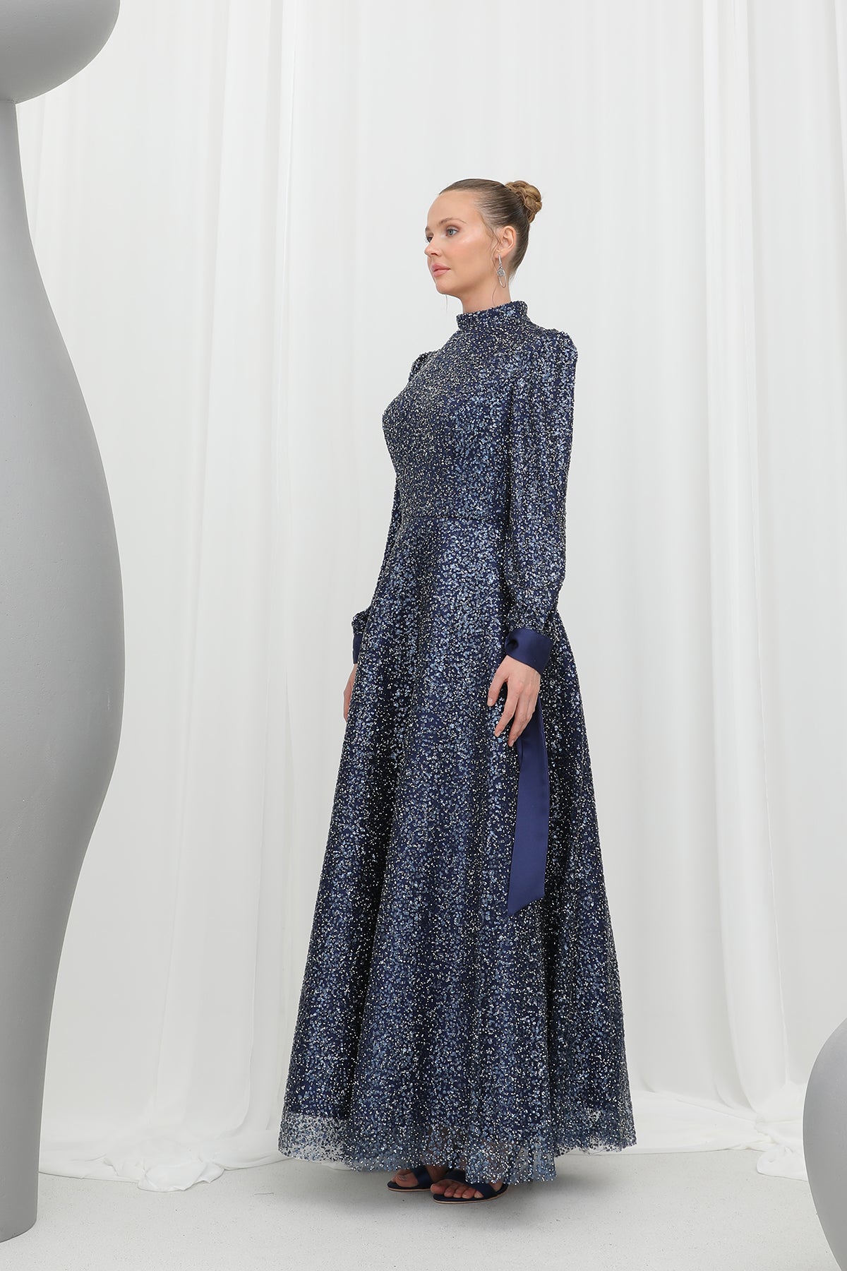 Kadın Parlak Dokulu Uzun Abiye -12576ELB