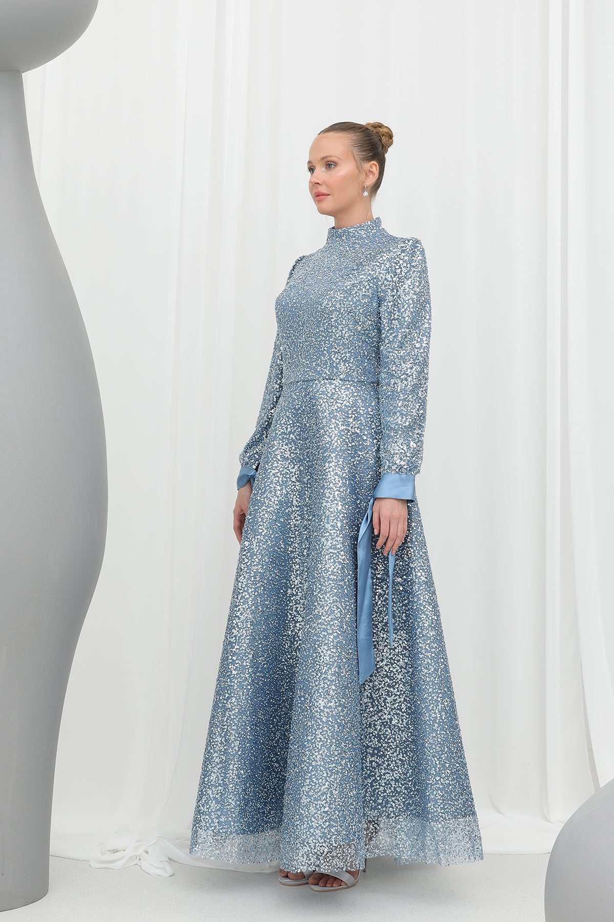 Kadın Parlak Dokulu Uzun Abiye -12576ELB