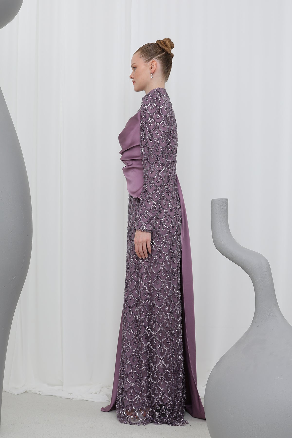 Kadın Pul Payet İşlemeli Drapeli Şal Detaylı Abiye Elbise-12577ELB