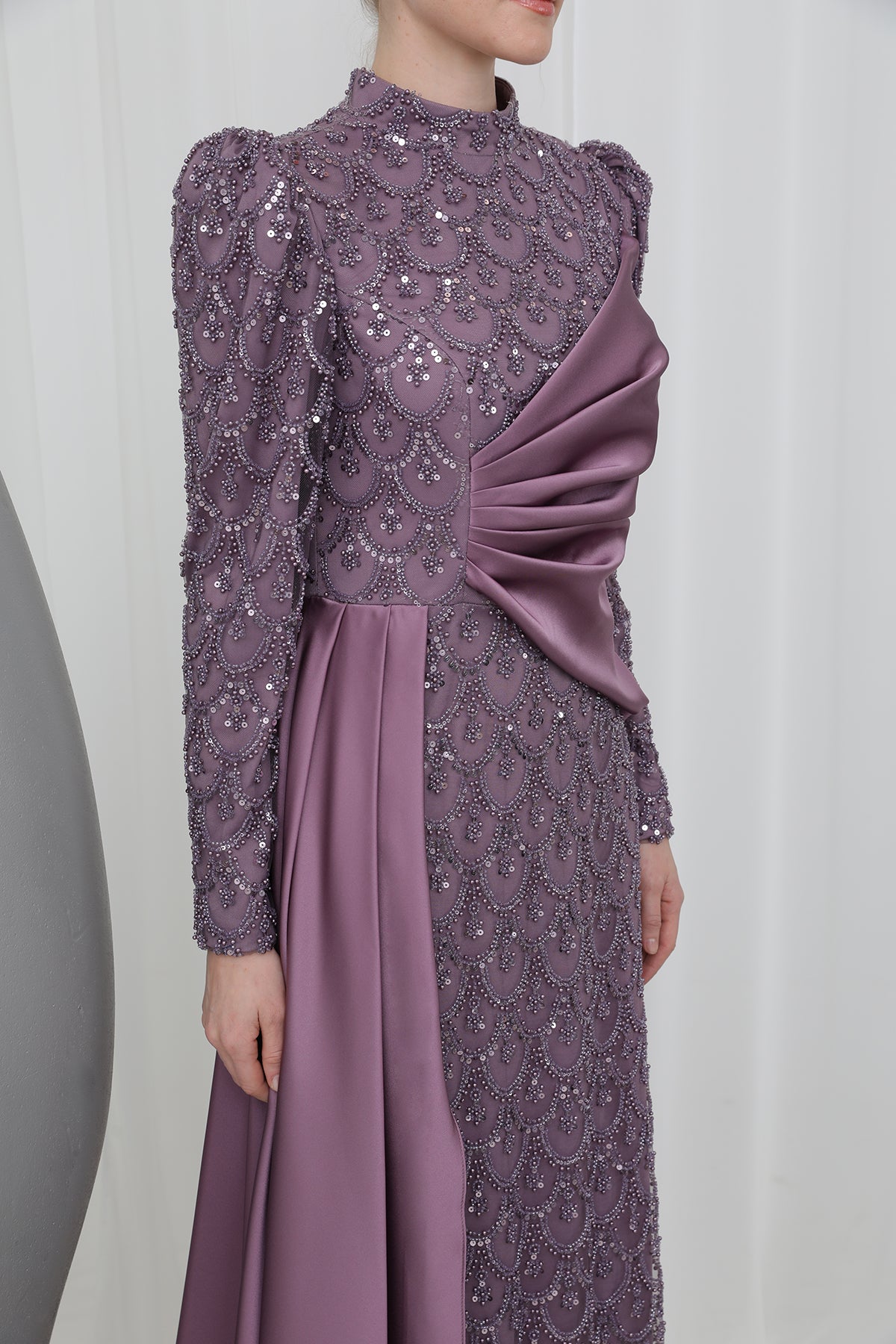 Kadın Pul Payet İşlemeli Drapeli Şal Detaylı Abiye Elbise-12577ELB