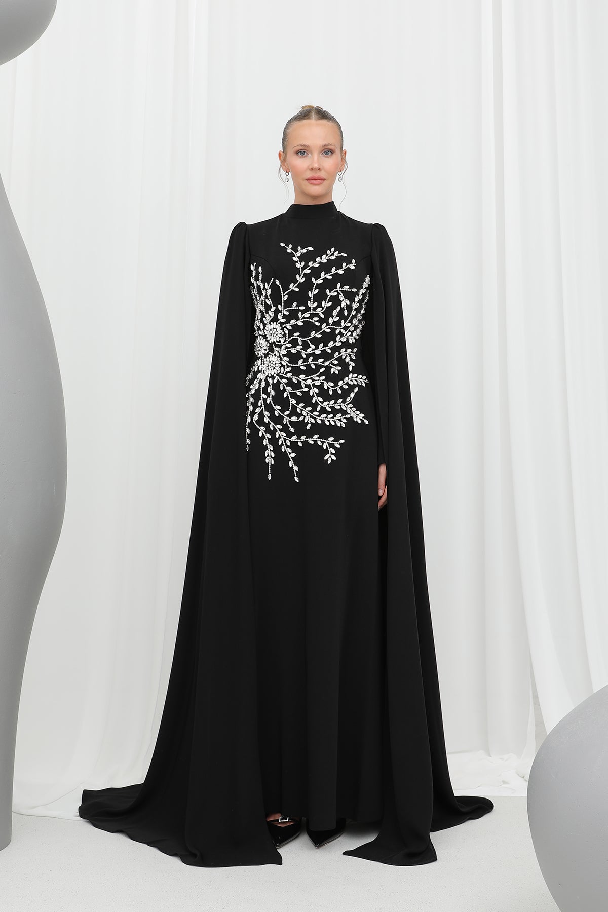 Kadın Yaprak Taş İşlemeli Pelerinli Abiye -12583ELB