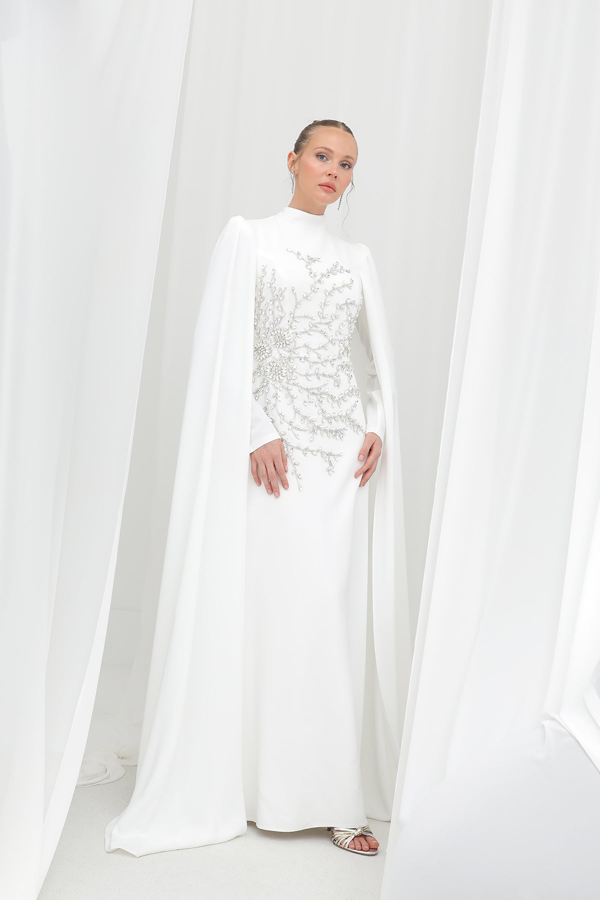 Kadın Yaprak Taş İşlemeli Pelerinli Abiye -12583ELB