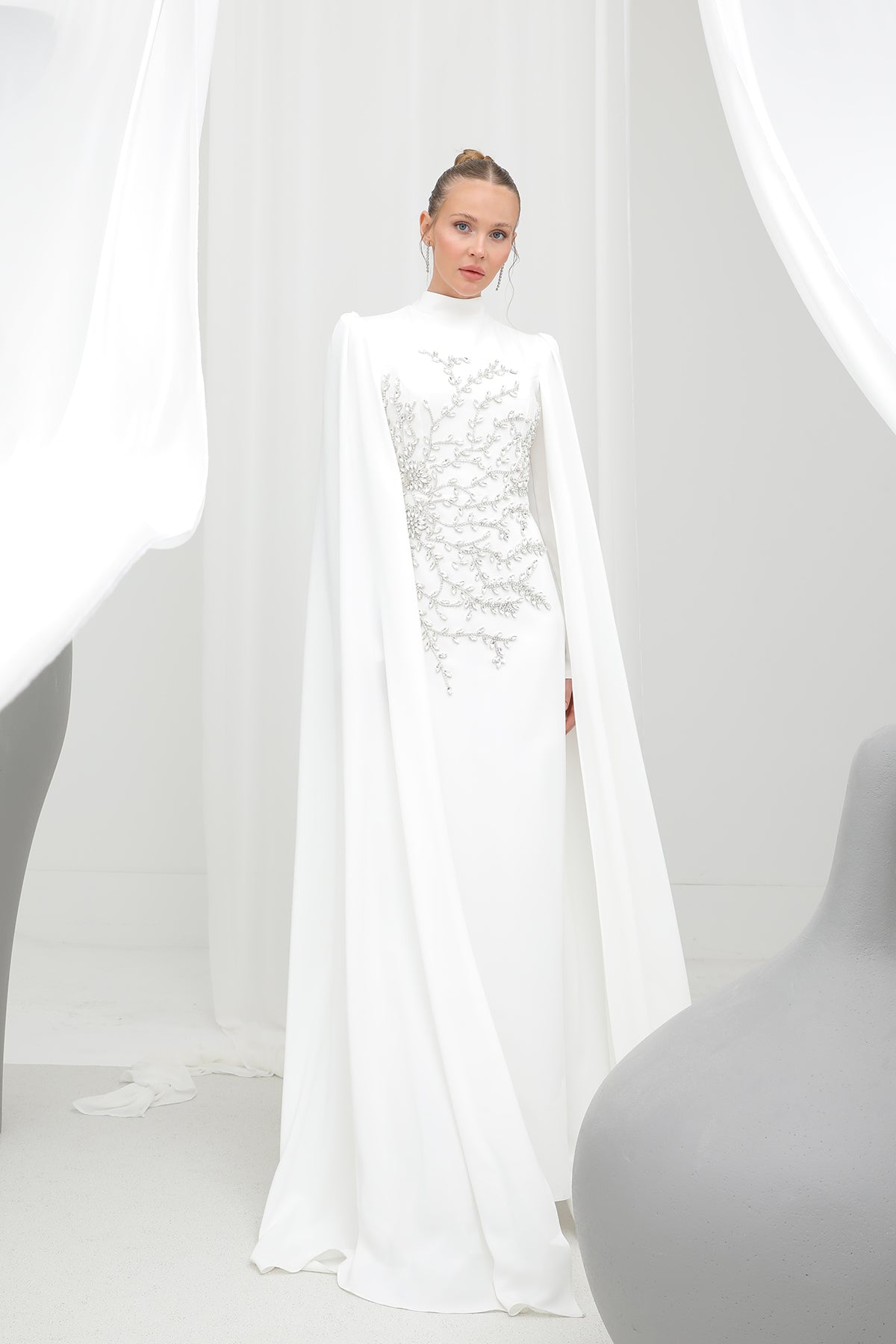 Kadın Yaprak Taş İşlemeli Pelerinli Abiye -12583ELB