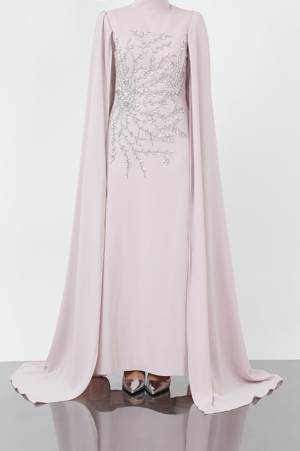 Kadın Yaprak Taş İşlemeli Pelerinli Abiye -12583ELB