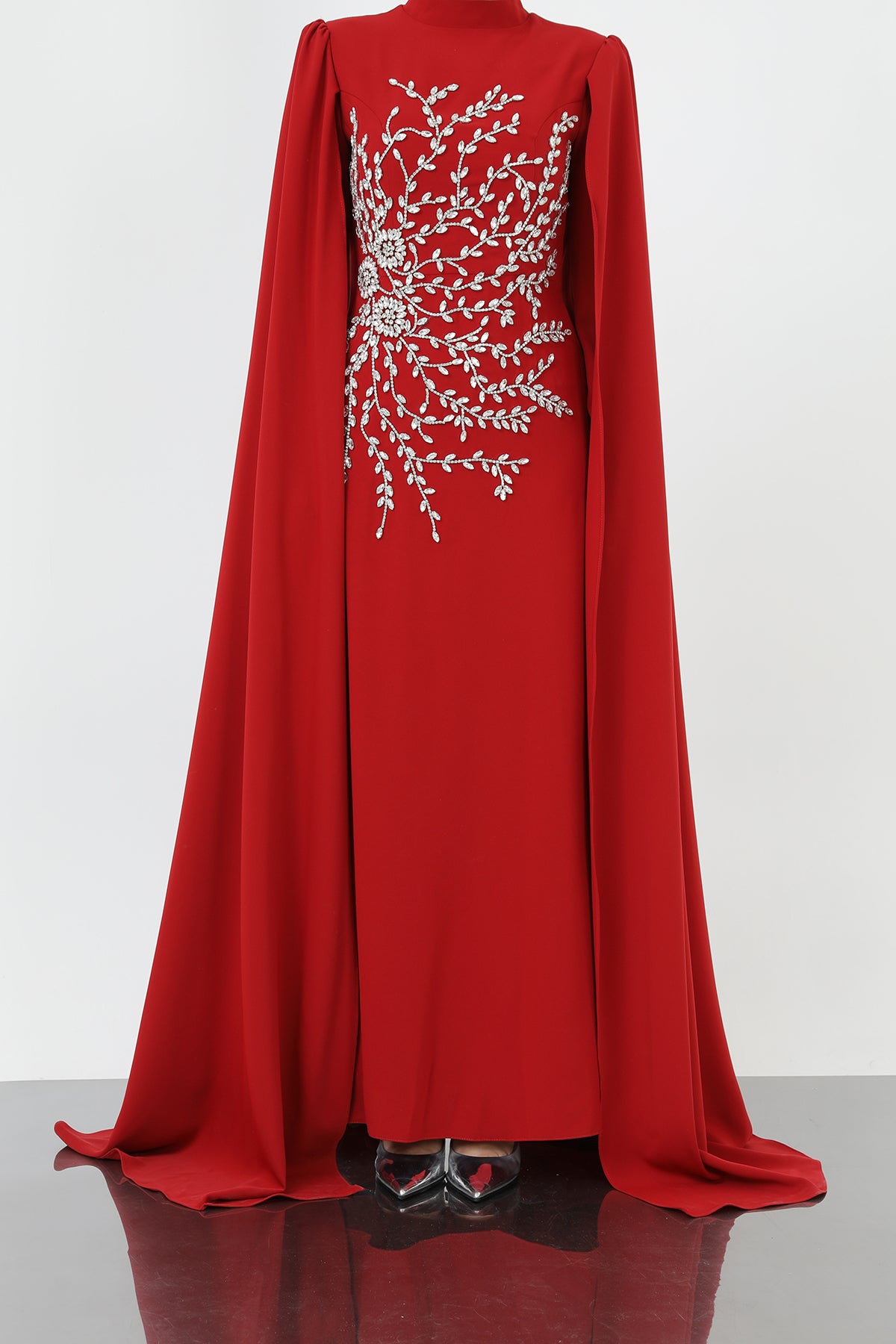 Kadın Yaprak Taş İşlemeli Pelerinli Abiye -12583ELB