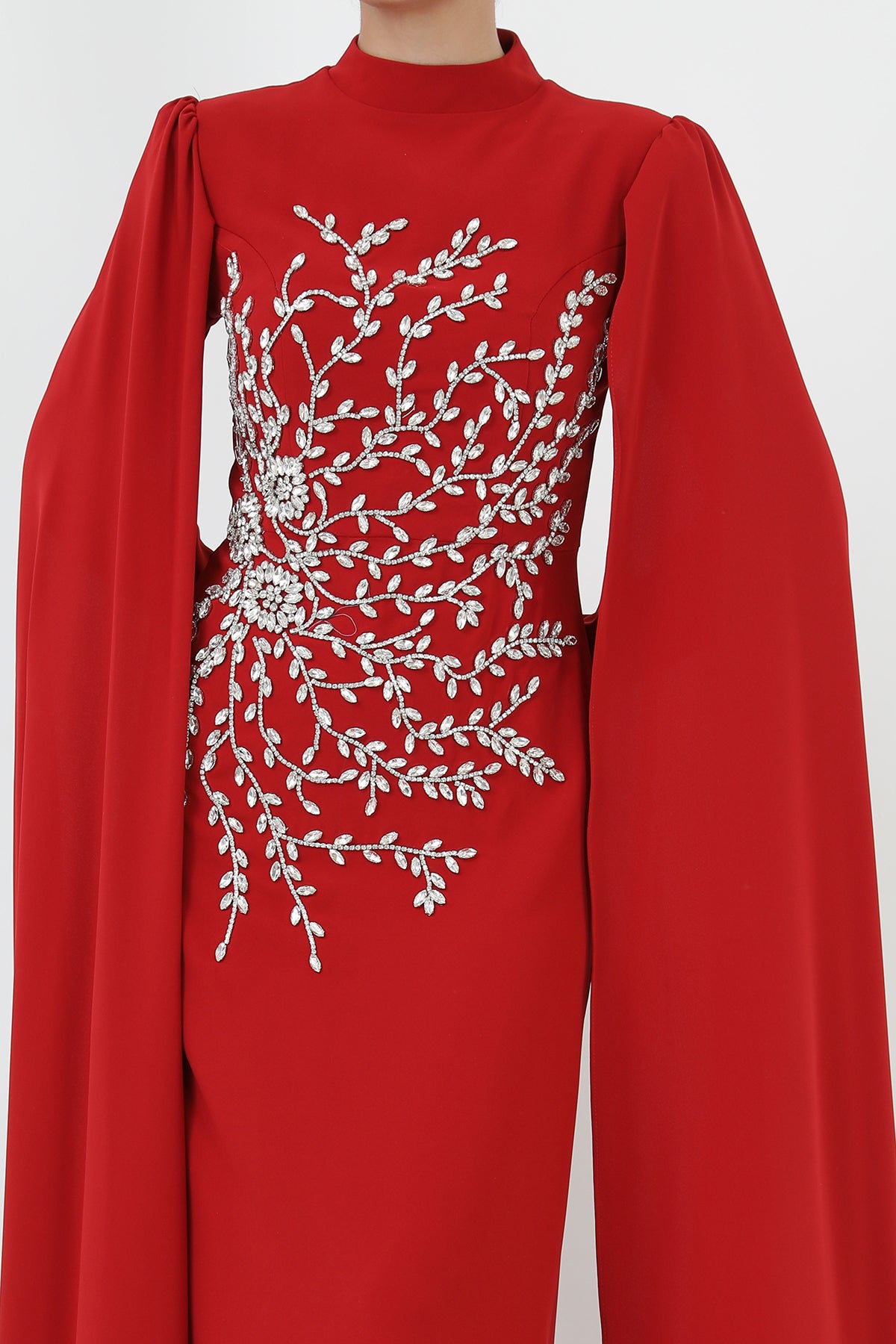 Kadın Yaprak Taş İşlemeli Pelerinli Abiye -12583ELB