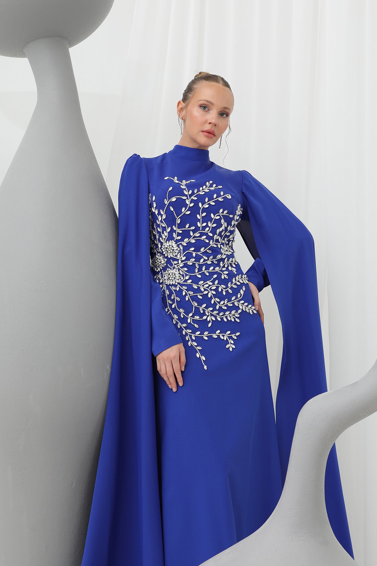 Kadın Yaprak Taş İşlemeli Pelerinli Abiye -12583ELB